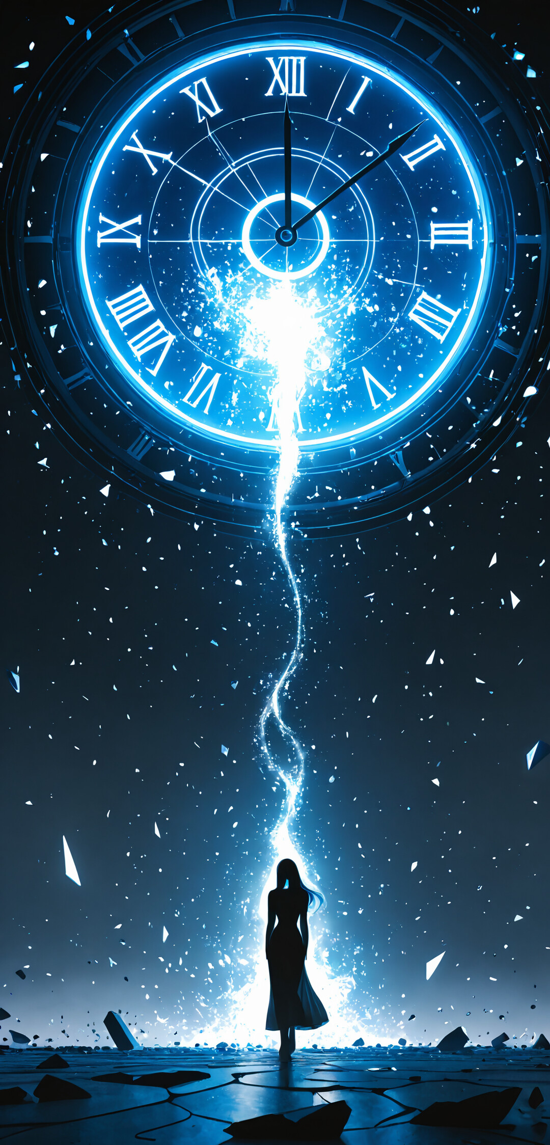 A silhouette of a woman in a long dress stands before a giant, glowing golden clock that is cracked and shattering. Floating rocks and glowing particles surround them in a dark, surreal environment.