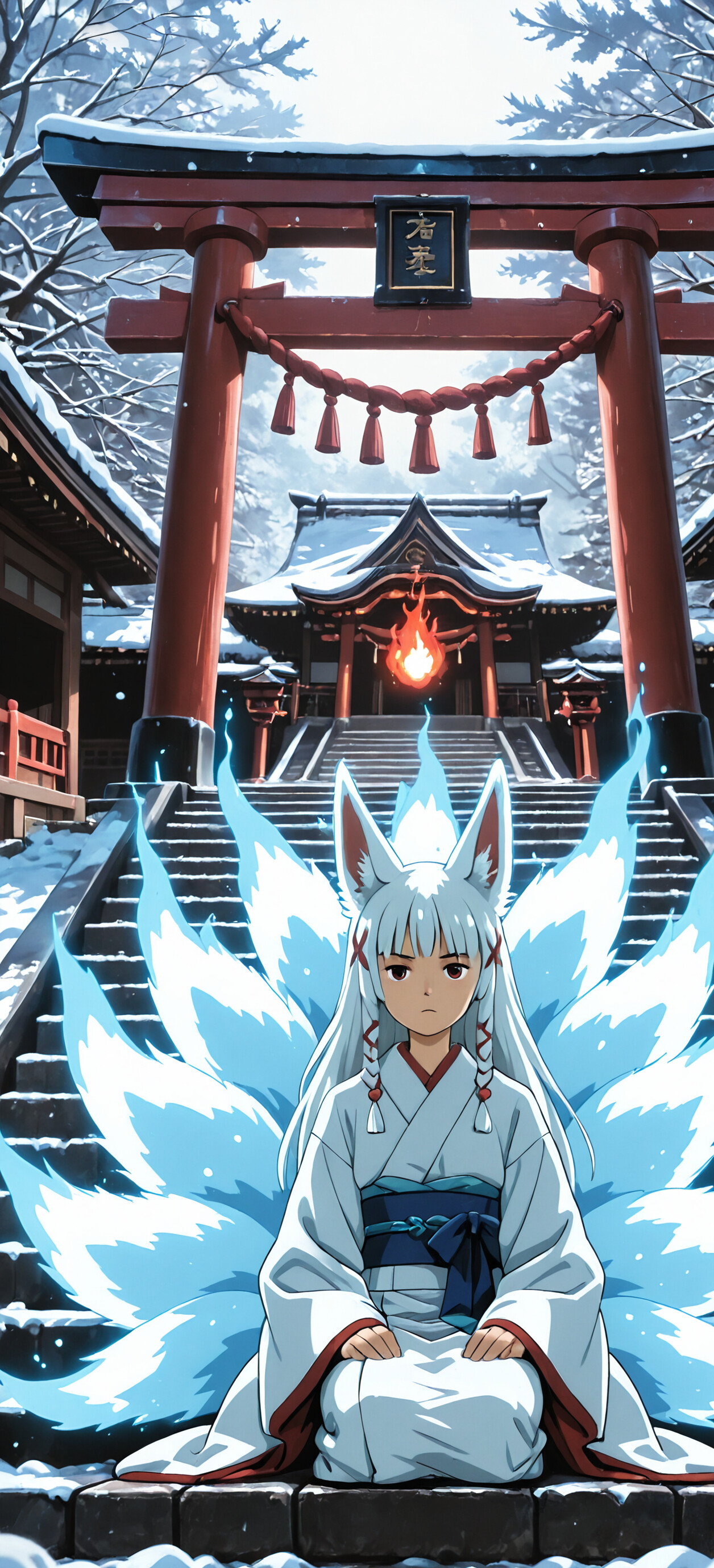 A young anime-style girl with white fox ears and nine white tails, dressed in a white kimono, kneels in the snow in front of a large red torii gate and a traditional Japanese shrine in a winter forest.