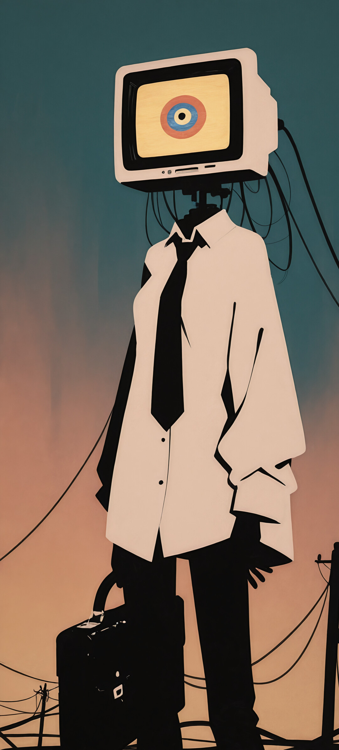 A surreal illustration of a person with an old computer monitor for a head, dressed in a white shirt and black tie, holding a briefcase while standing in a vast landscape with a city skyline in the distance at sunset.