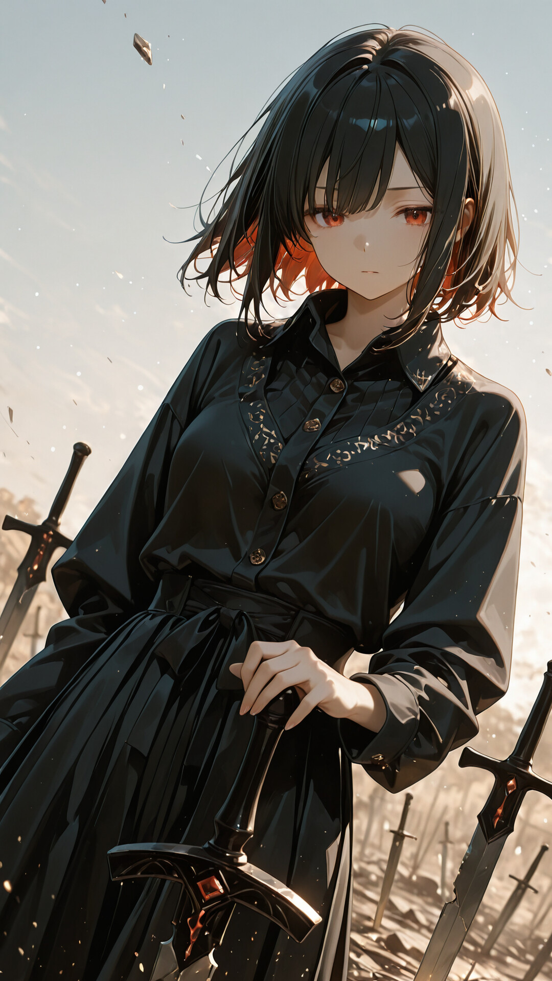 An anime-style female warrior with long white hair and red eyes stands in a destroyed gothic cathedral. She wears black armor and a red skirt, holding a large sword point-down amidst rubble and broken swords.