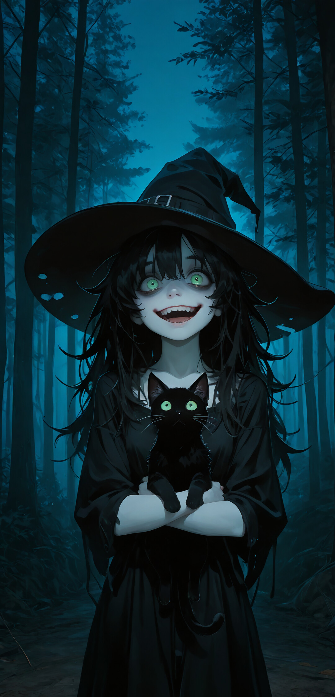 A pale-skinned witch with messy black hair, a large pointed hat, and glowing green eyes holds a black cat in a dark forest, smiling maniacally at the viewer.