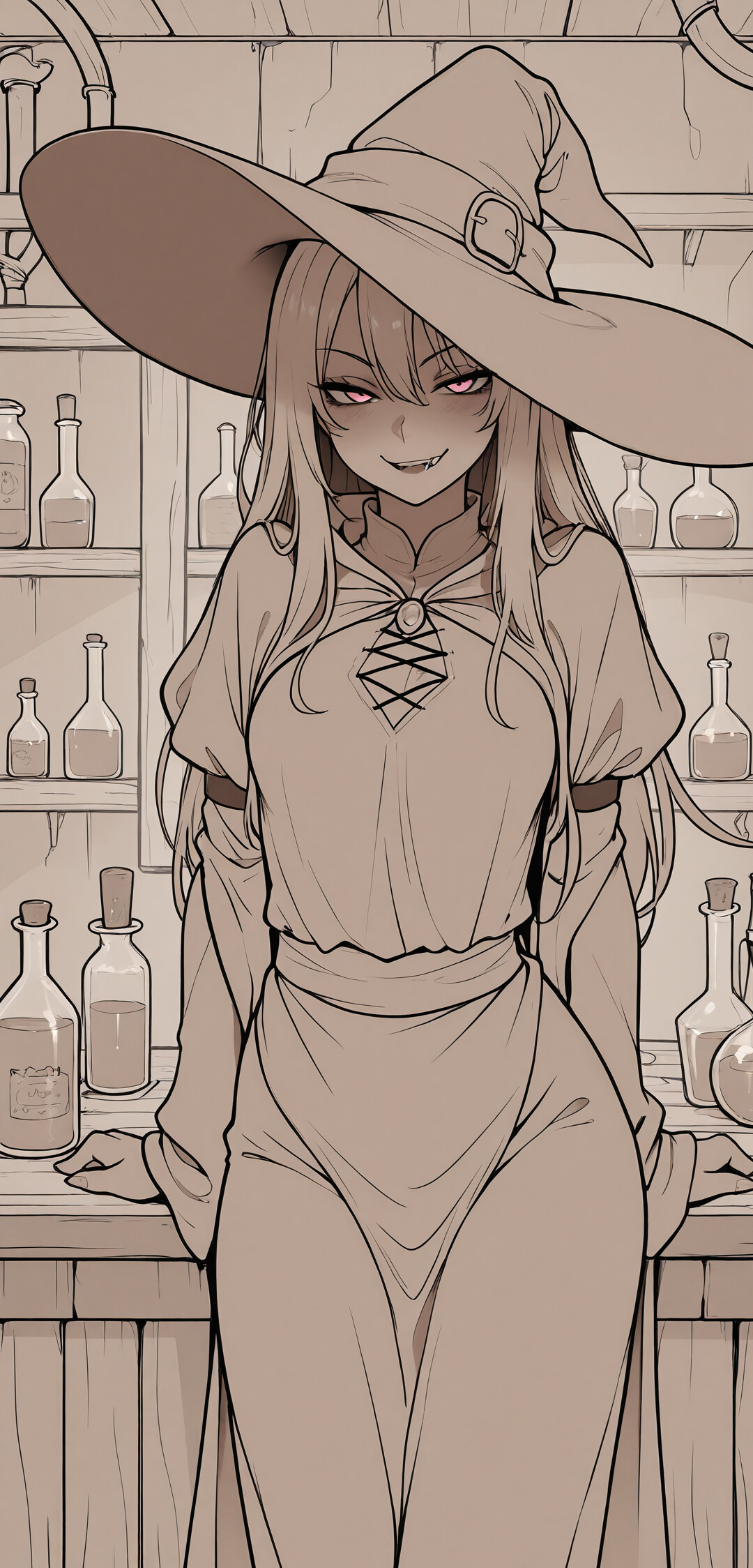 A sepia-toned illustration of an anime-style witch with long blonde hair and a large hat, smiling mischievously as she holds a heart-shaped love potion in her laboratory.