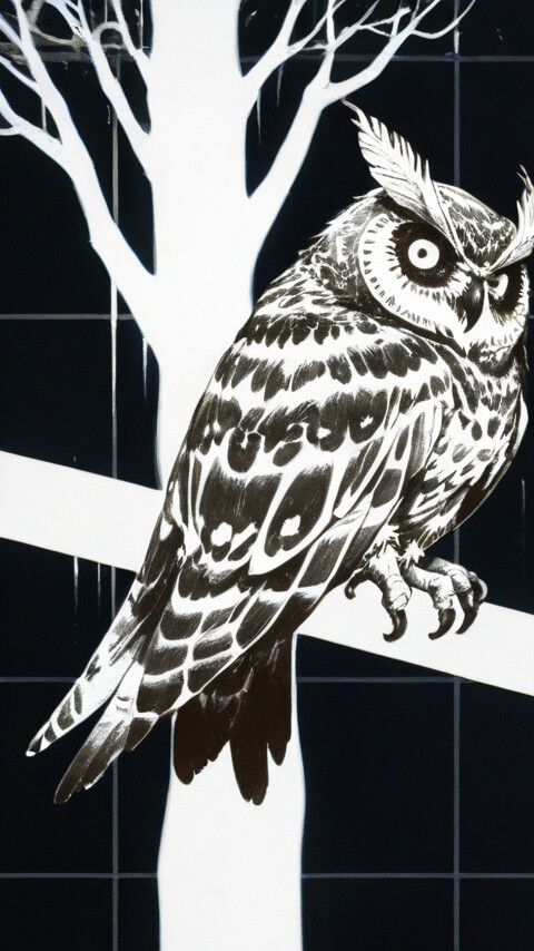 A high-contrast, black and white illustration of an owl with large moth-like wings perched on a bare tree branch against a dark sky and a checkerboard background.
