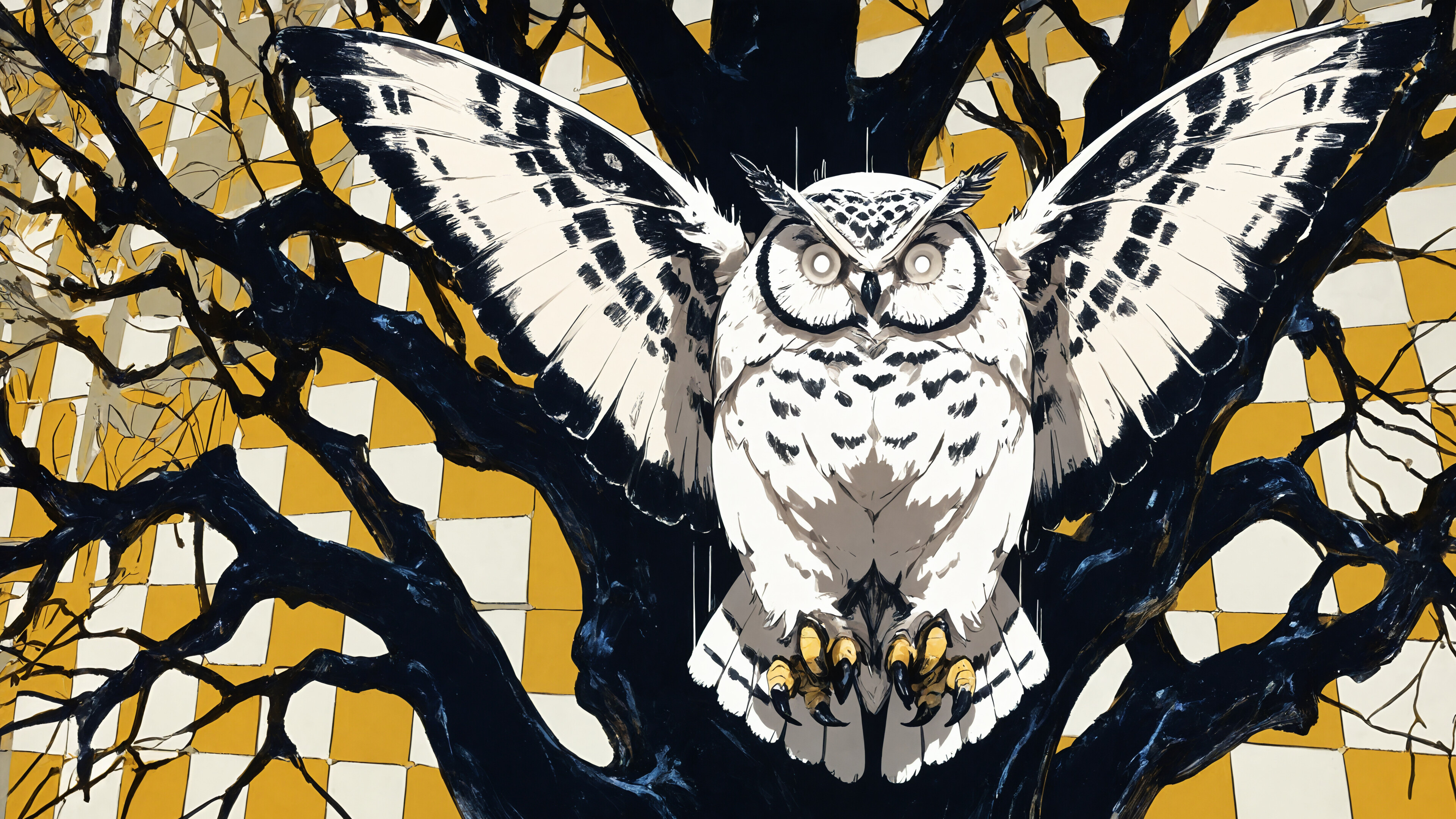 A high-contrast, black and white illustration of an owl with large moth-like wings perched on a bare tree branch against a dark sky and a checkerboard background.