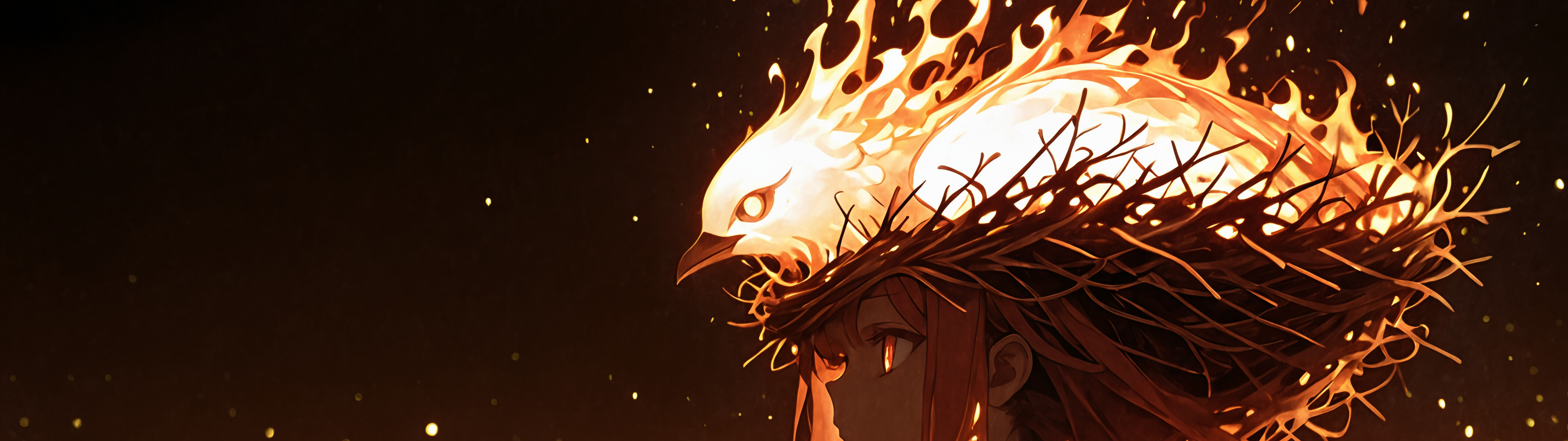 An anime girl with long orange hair in profile, wearing a crown of thorns from which a brilliant phoenix made of fire and light emerges against a dark, ember-filled background.