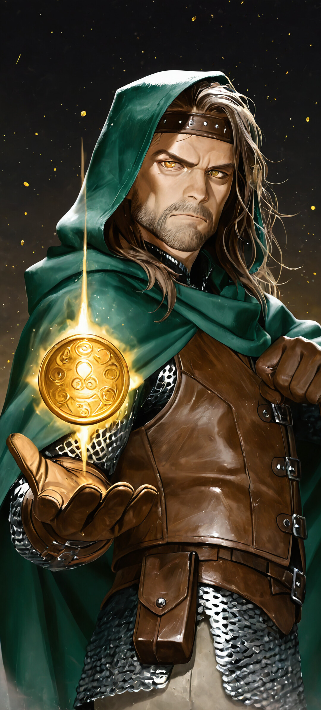 A digital painting of a male fantasy ranger with long brown hair, a green cloak, and chainmail armor. He is levitating a single, glowing golden coin between his hands with a look of intense concentration.