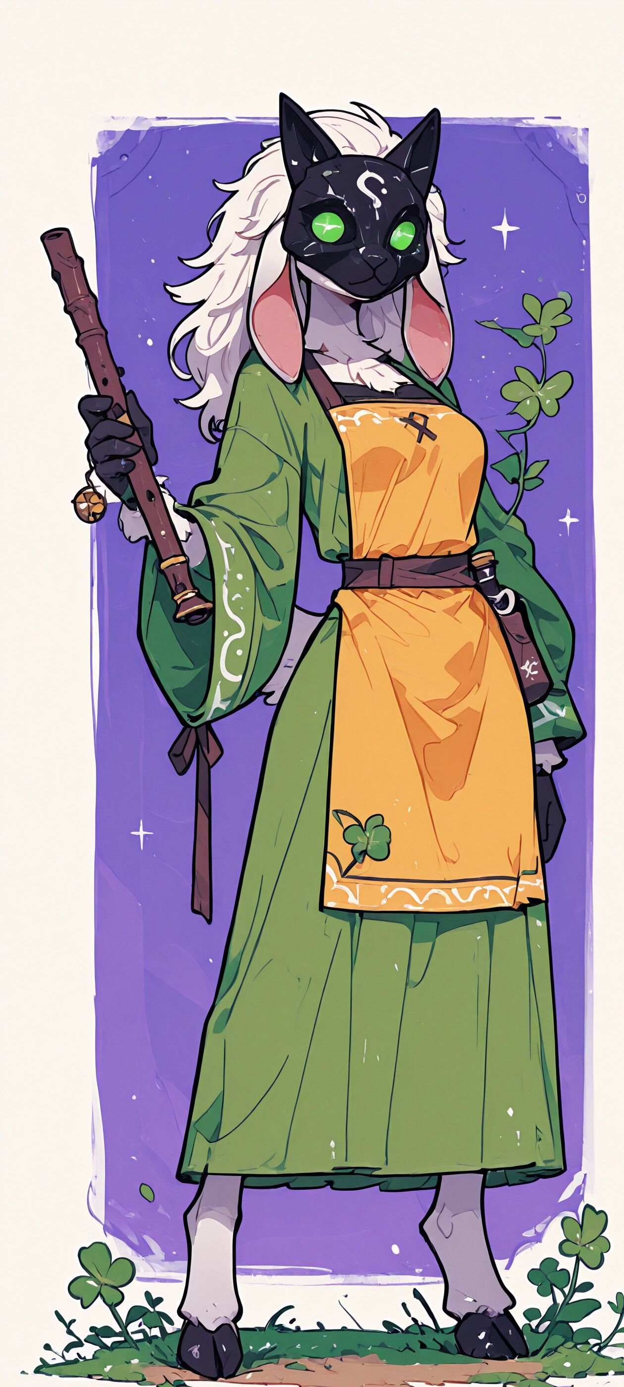 A full-body illustration of an anthropomorphic lamb character inspired by Kindred from League of Legends. She wears a black mask, a green robe, and a yellow apron with shamrocks. She is playing a flute and holding a ball of green magic, with two white mice at her hooved feet.