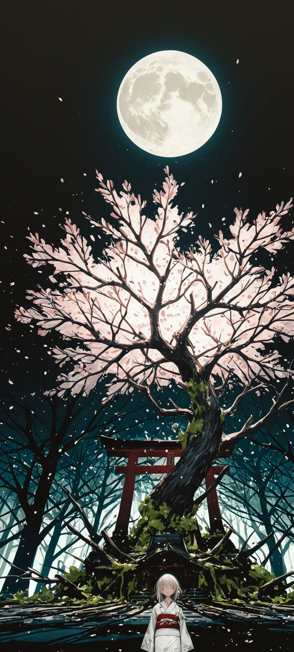 An anime-style illustration of a young woman with dark hair in a white and black kimono standing before a red torii gate. She is fused with a dark, gnarled tree whose branches, blooming with cherry blossoms, frame a large full moon behind her.
