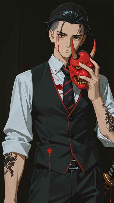 An anime-style illustration of a handsome man in a black vest and tie, with blood on his face, holding a red Japanese Oni mask. He has tattoos on his arms and a katana at his side against a dark background.