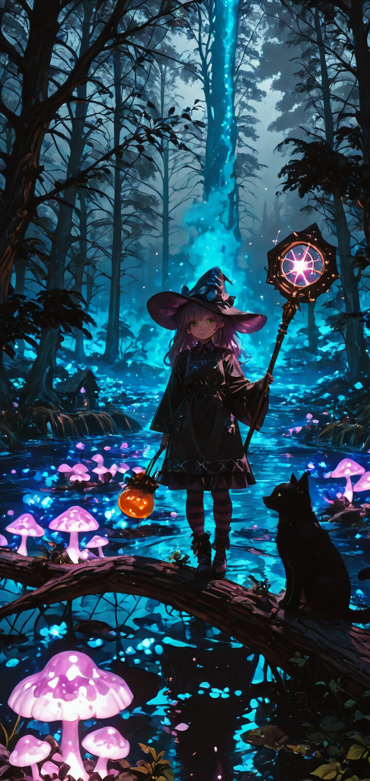 A full-length illustration of a young anime-style witch with purple hair and a large hat, holding a glowing staff in a magical forest at night. A black cat sits in the foreground amidst glowing blue mushrooms.