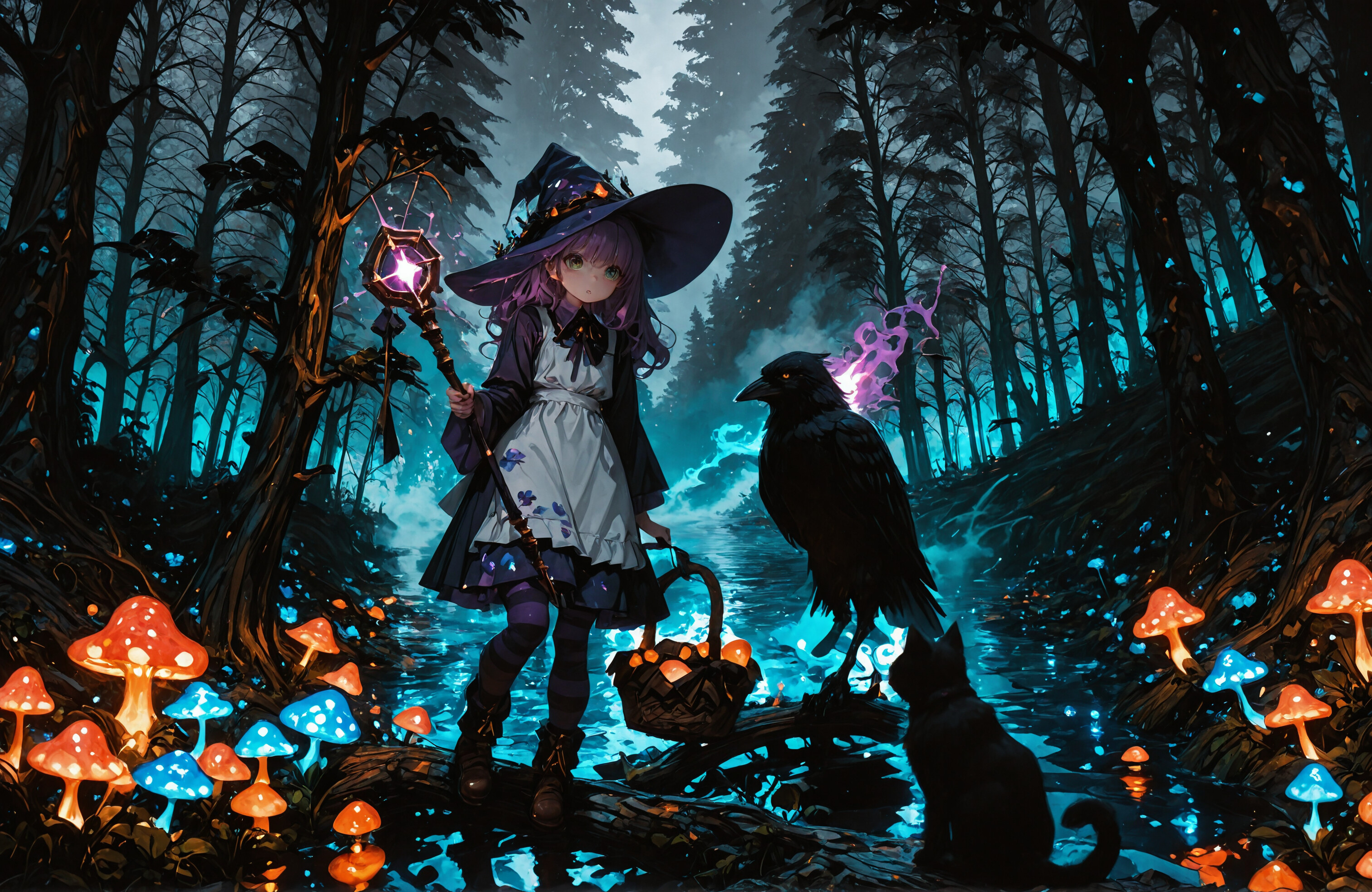 A full-length illustration of a young anime-style witch with purple hair and a large hat, holding a glowing staff in a magical forest at night. A black cat sits in the foreground amidst glowing blue mushrooms.
