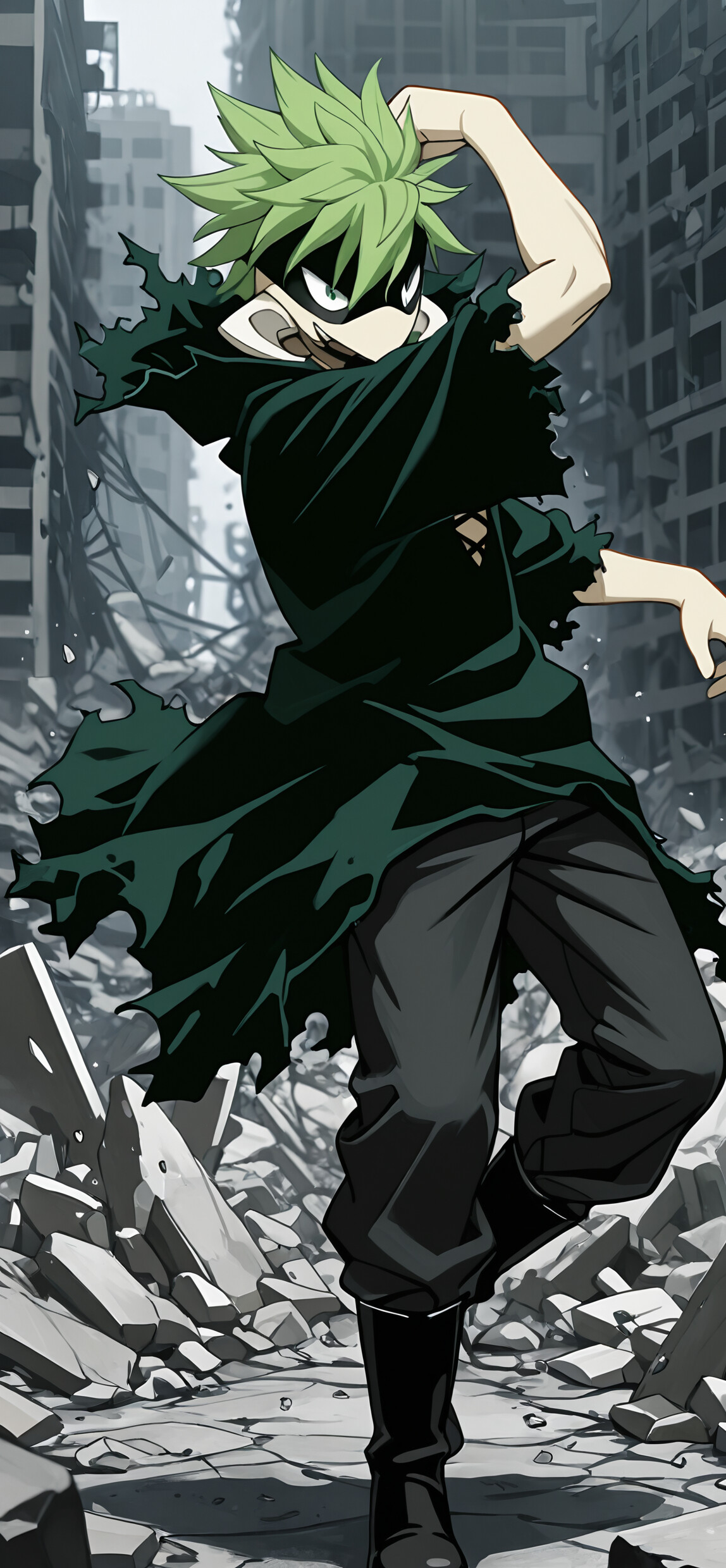 A full-body illustration of Togaru Kamakiri, a young man with spiky green hair and a black eye mask, from My Hero Academia. He is in a fighting pose in the middle of a ruined city, wearing a tattered dark cloak and black boots.