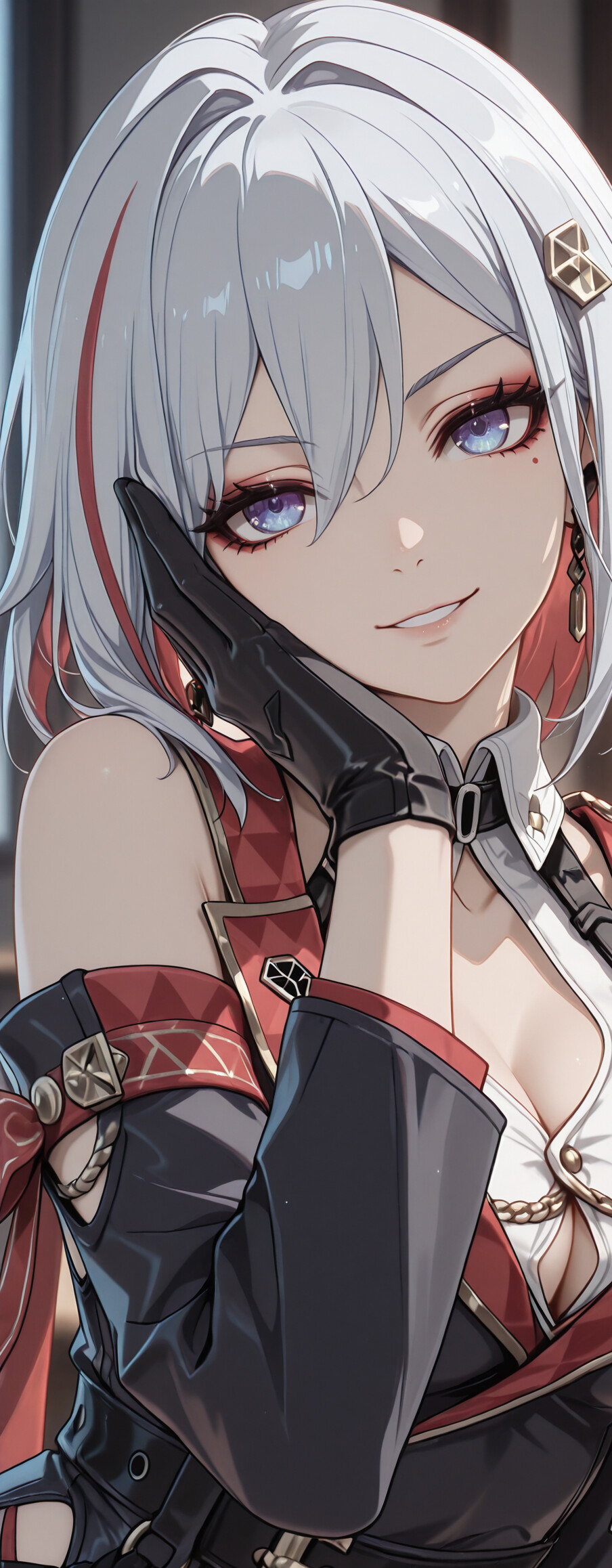 A close-up portrait of Topaz from Honkai: Star Rail. She has short white and red hair, purple eyes, and is smiling while resting her black-gloved hand on her cheek.