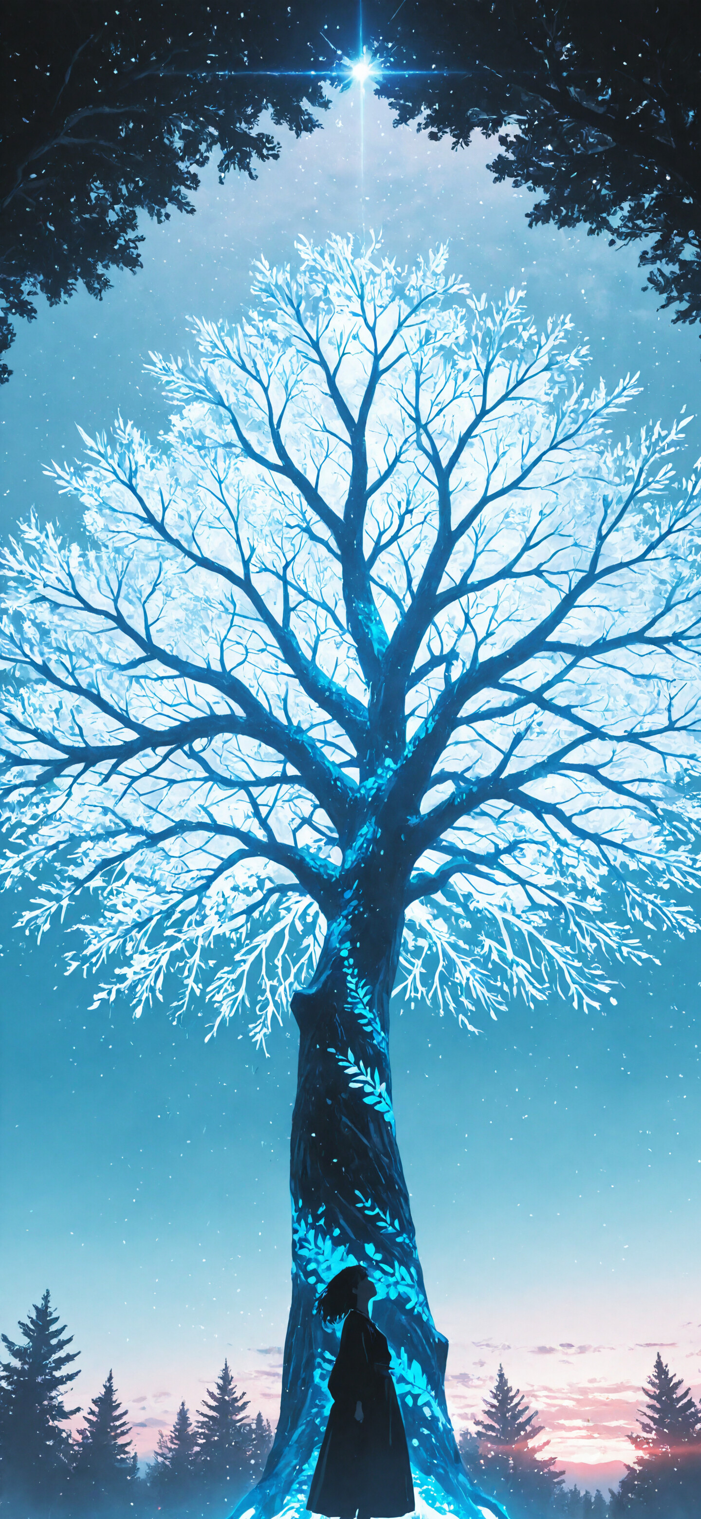 An anime-style illustration of a young woman with dark hair in a black cloak looking up at a massive, magical tree that glows with a vibrant blue light. The surrounding plants are also bioluminescent, illuminating the fantasy landscape.