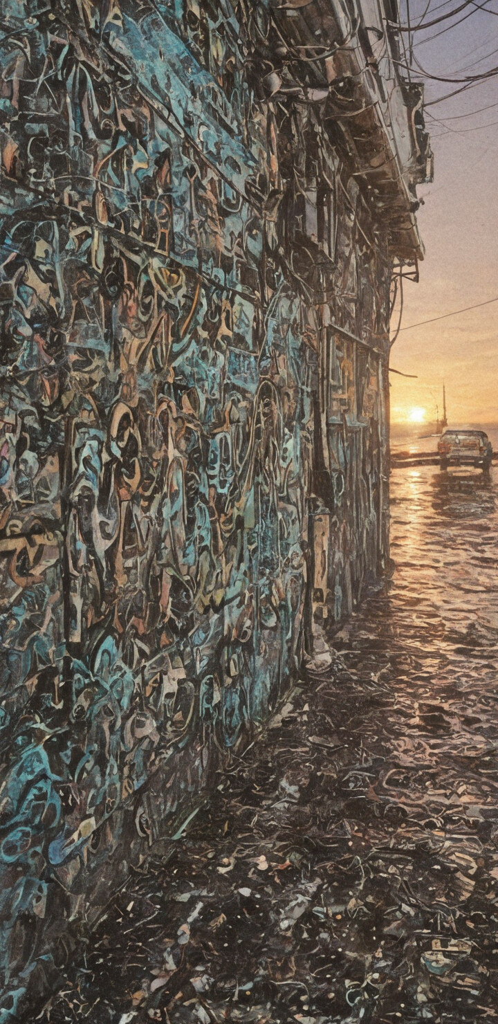 An illustration of a custom car on a wet street next to a wall covered in graffiti. One piece of graffiti is a large blue tag, and the other is a circular black-and-white portrait of an anime girl. The scene is set under a bridge at sunset with the ocean in the background.