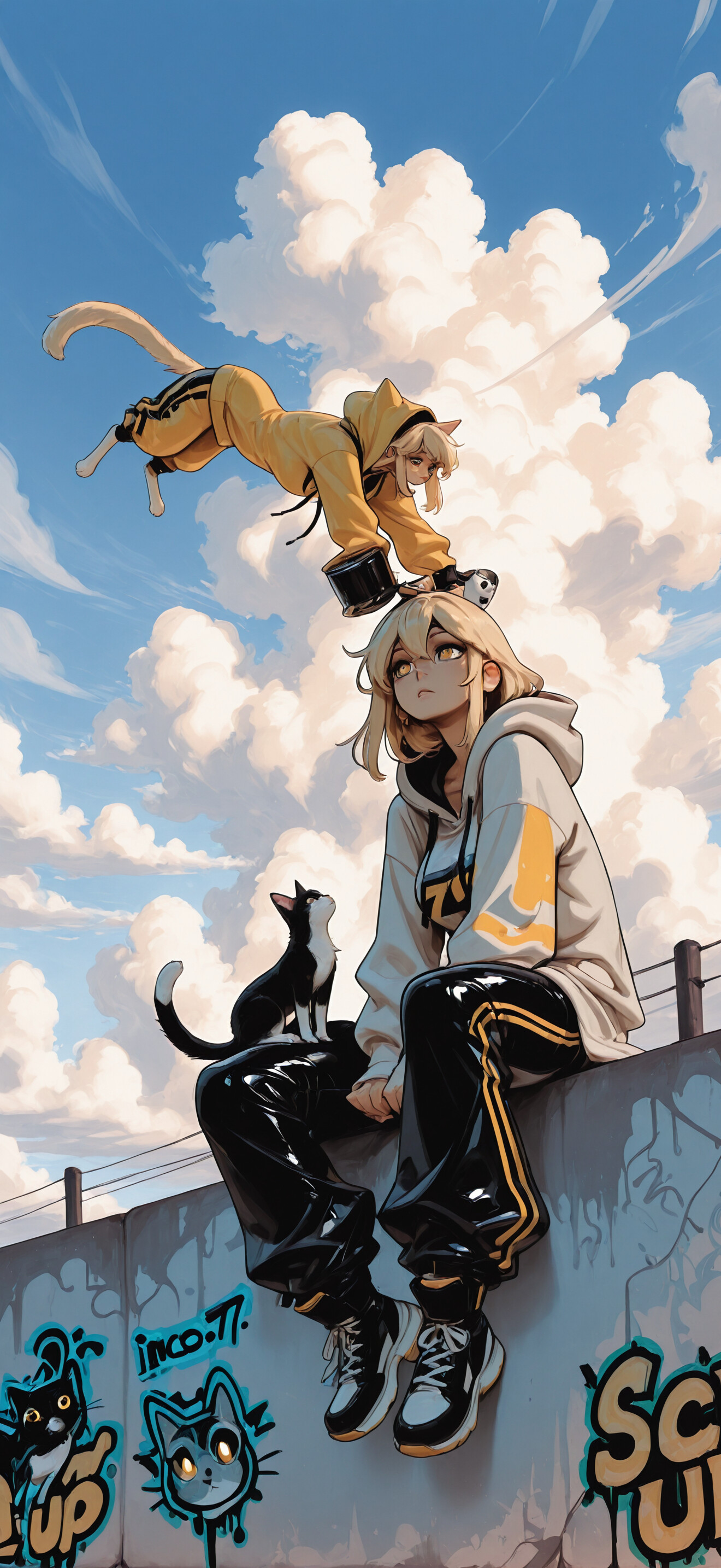 A young woman with blonde hair in a hoodie and a black cat sit together on a graffiti-covered wall, looking out under a sky filled with large white clouds.