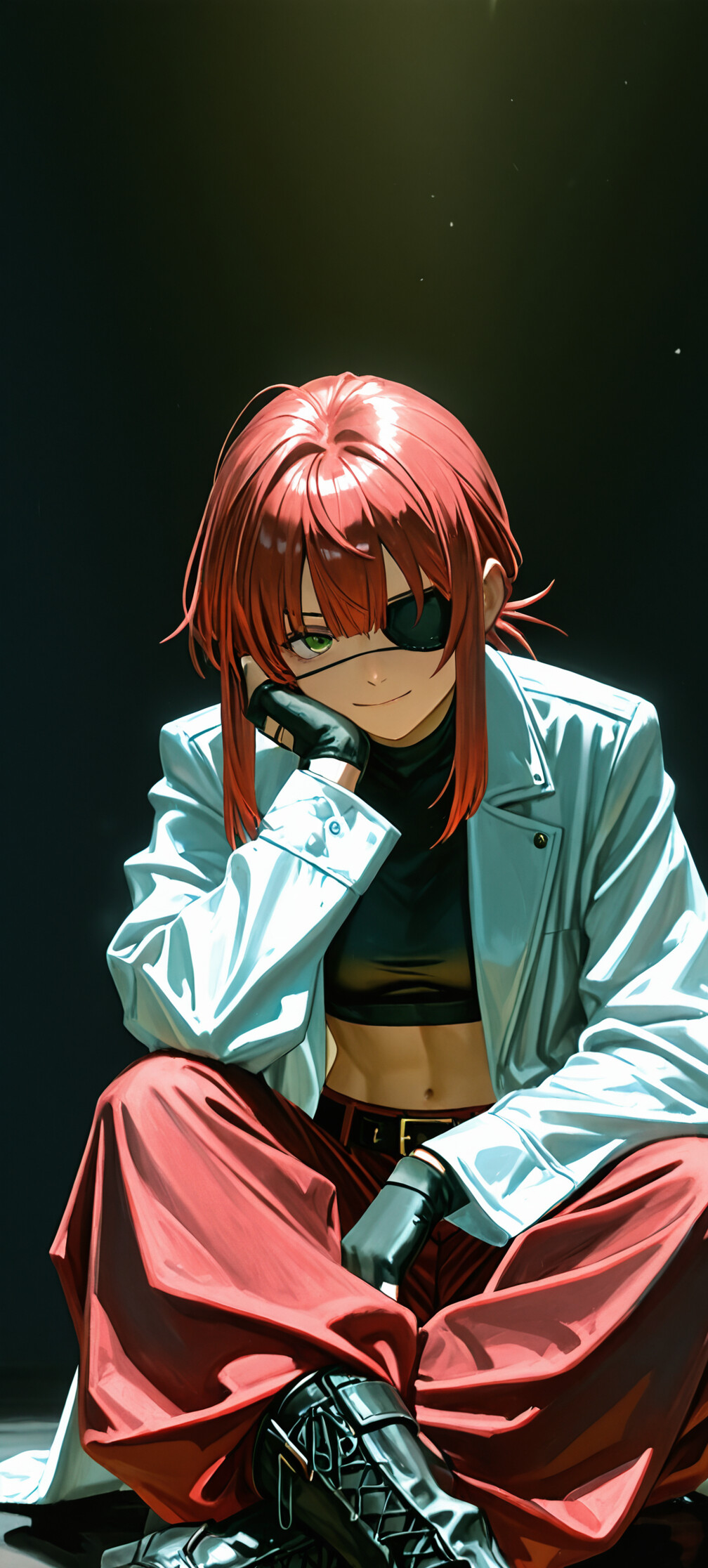 A full-body illustration of an anime girl with short red hair and green eyes sitting down. She wears a white jacket, a black crop top, red pants, black boots, and fingerless gloves. She has a black eyepatch with a green X over her left eye and is smirking at the viewer while resting her chin on her hand.