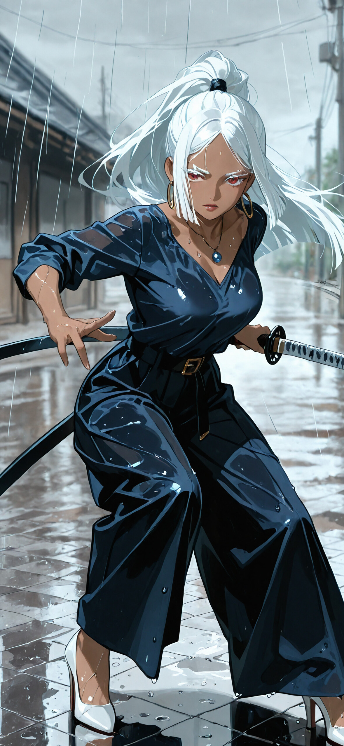 A full-body digital illustration of a dark-skinned woman with a long white ponytail in a dynamic sword-drawing pose. She wears a dark blue outfit and white heels while holding a katana in the rain on a traditional Japanese street.