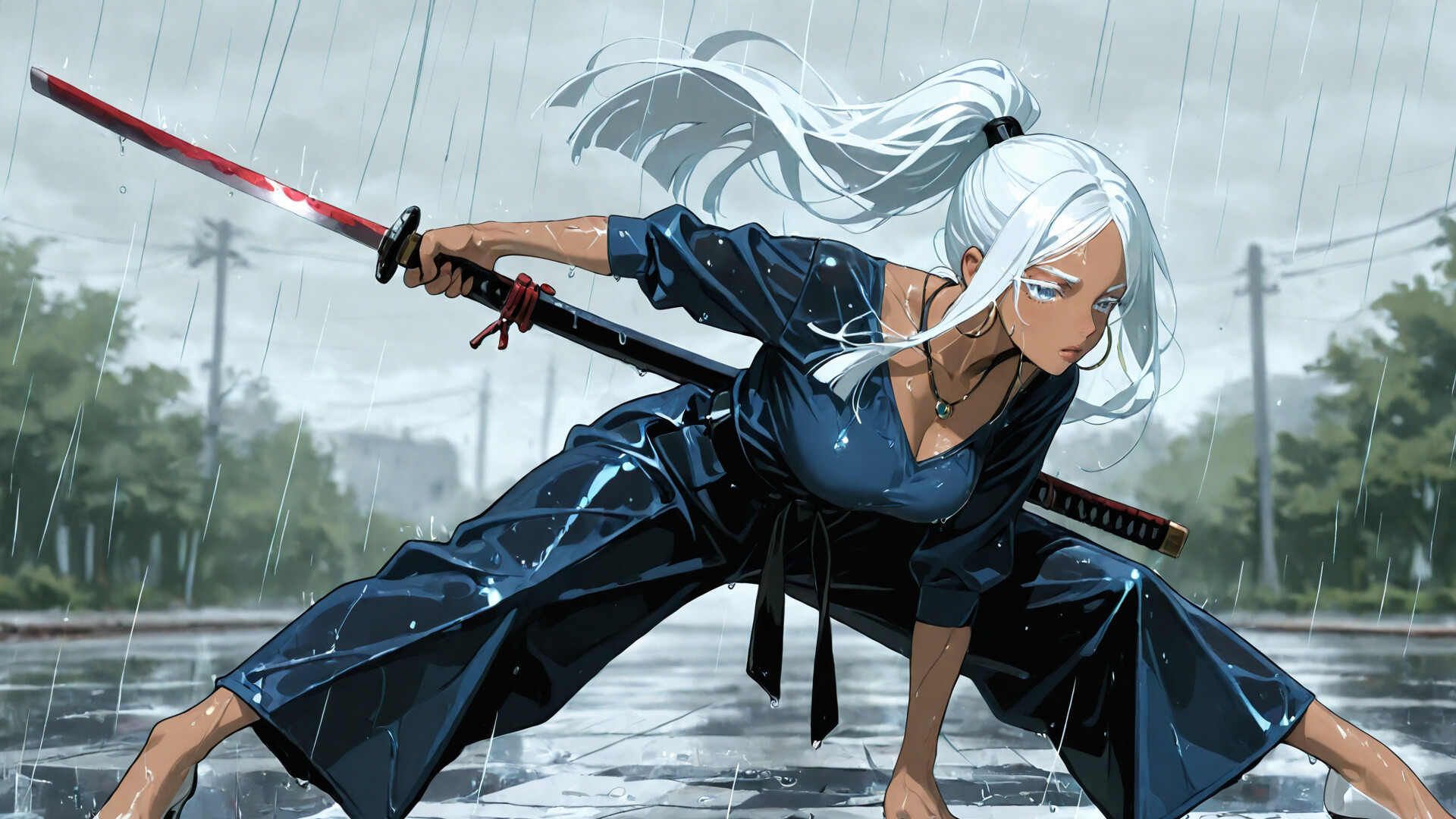 A full-body digital illustration of a dark-skinned woman with a long white ponytail in a dynamic sword-drawing pose. She wears a dark blue outfit and white heels while holding a katana in the rain on a traditional Japanese street.