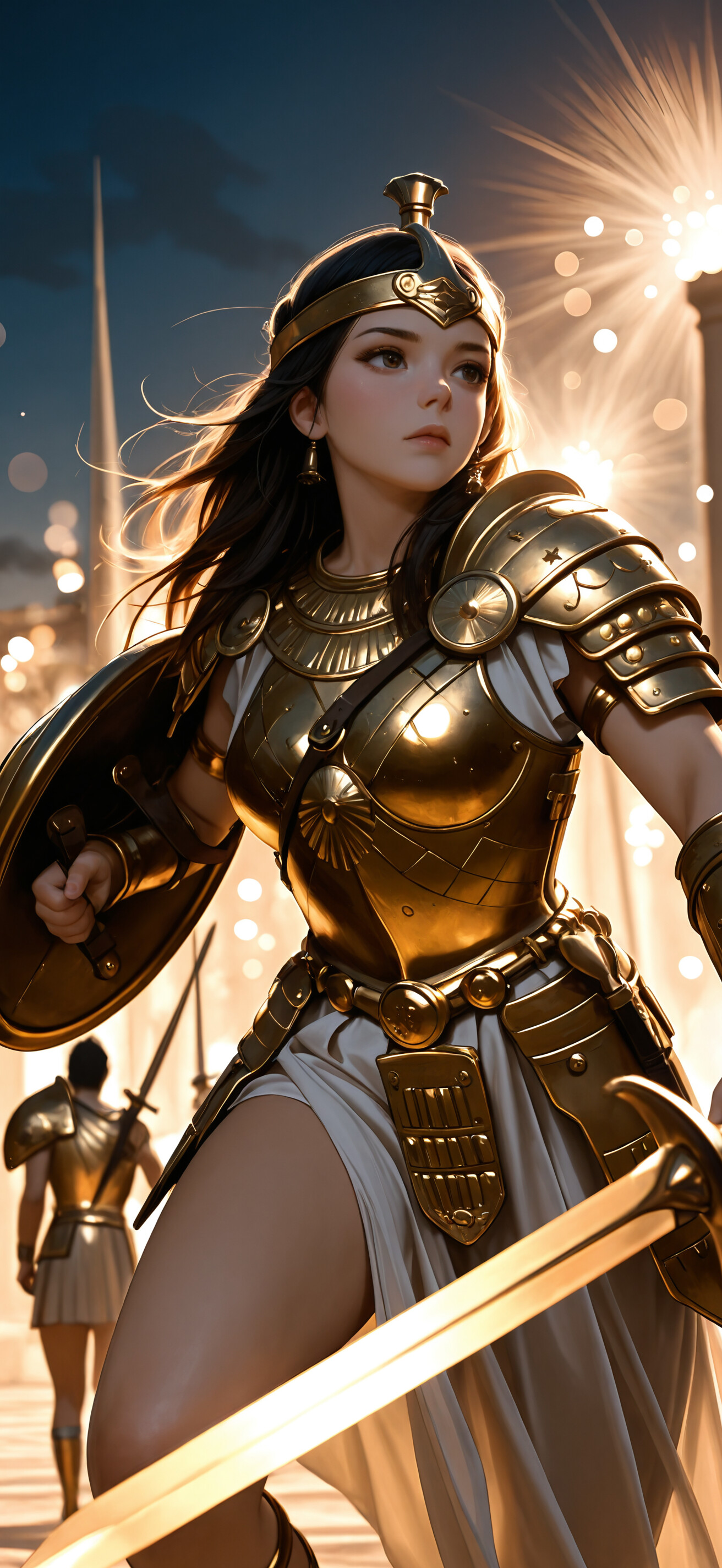A close-up digital illustration of a young woman with short brown hair and green eyes wearing intricate golden armor. She is holding a sword and a round shield, looking upwards with a determined expression as a bright sun flares in the background.