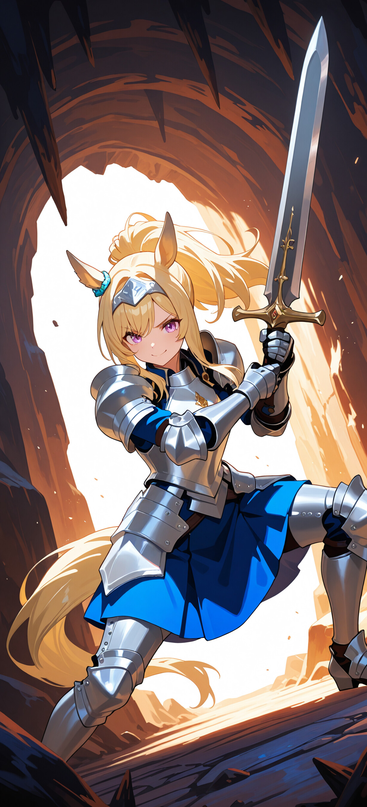Gold Ship from Uma Musume Pretty Derby depicted as a blonde knight with horse ears, holding a large sword in a stone dungeon with other knights in the background.
