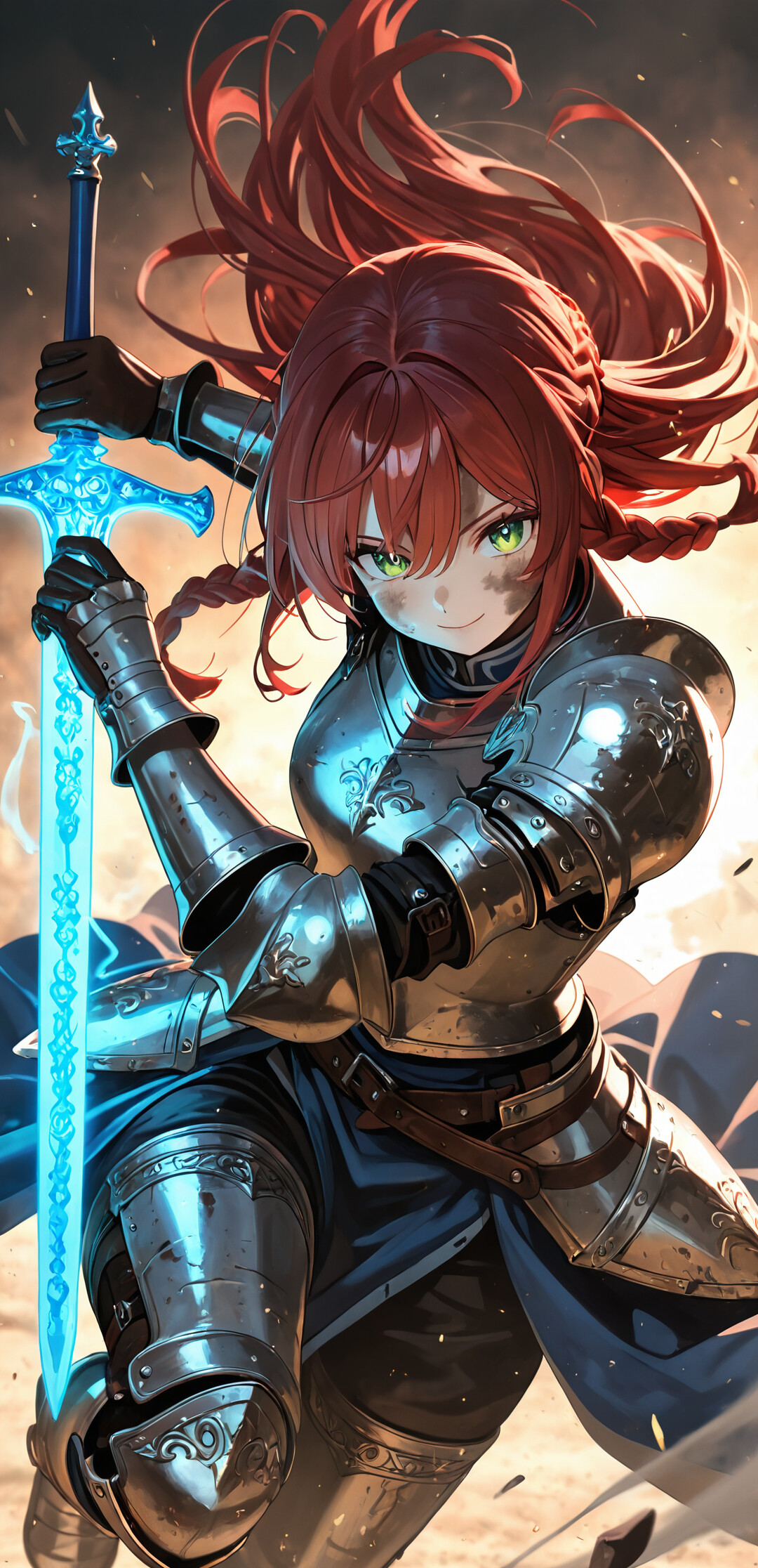 A young female knight with long, braided red hair and green eyes, smiling confidently. She is clad in ornate silver armor and holds a large, glowing blue sword in a vertical pose.