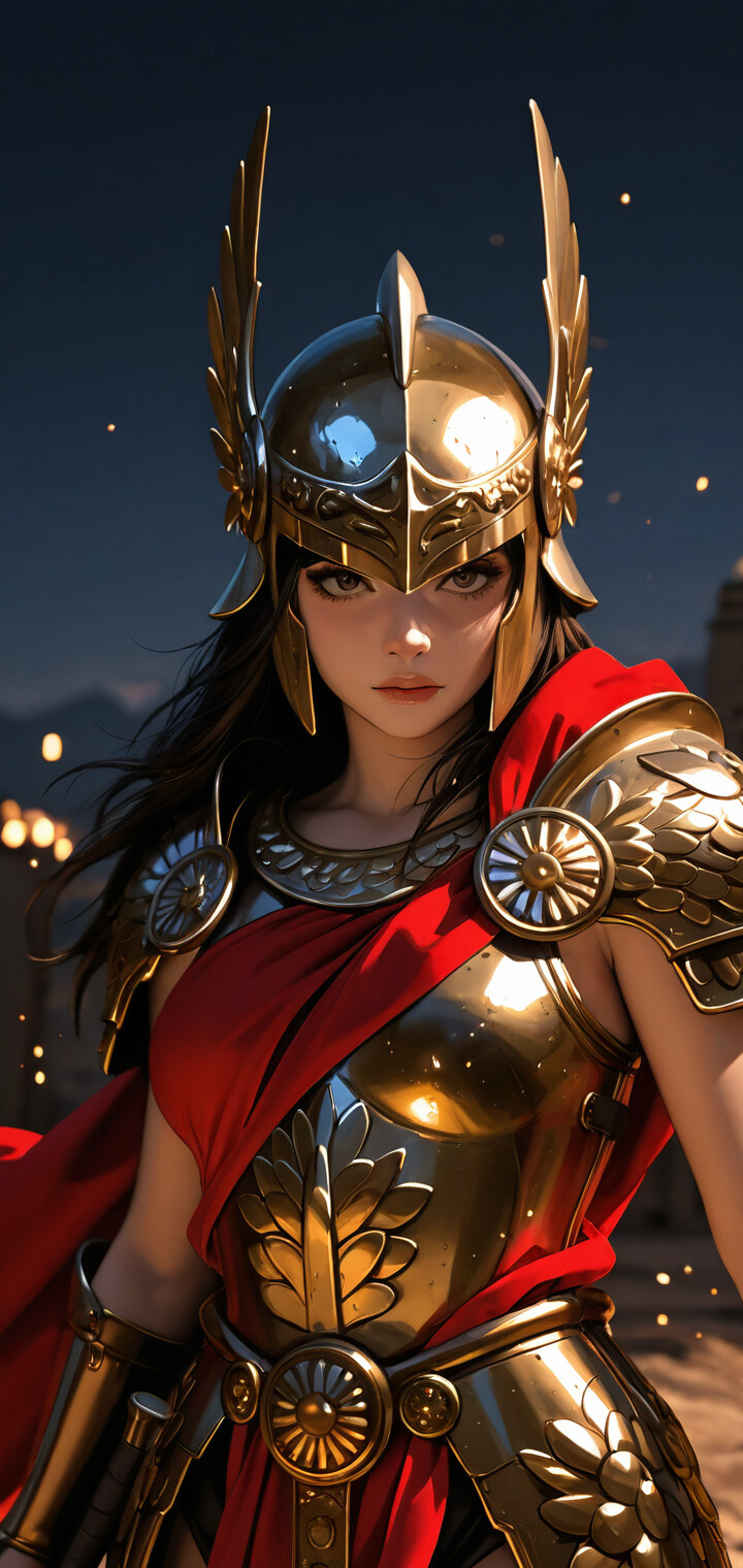 A close-up digital illustration of a young female warrior in a golden winged helmet and shoulder armor, carrying a sword on her back. She has long dark hair and is set against a dusky mountain landscape with a starry sky.