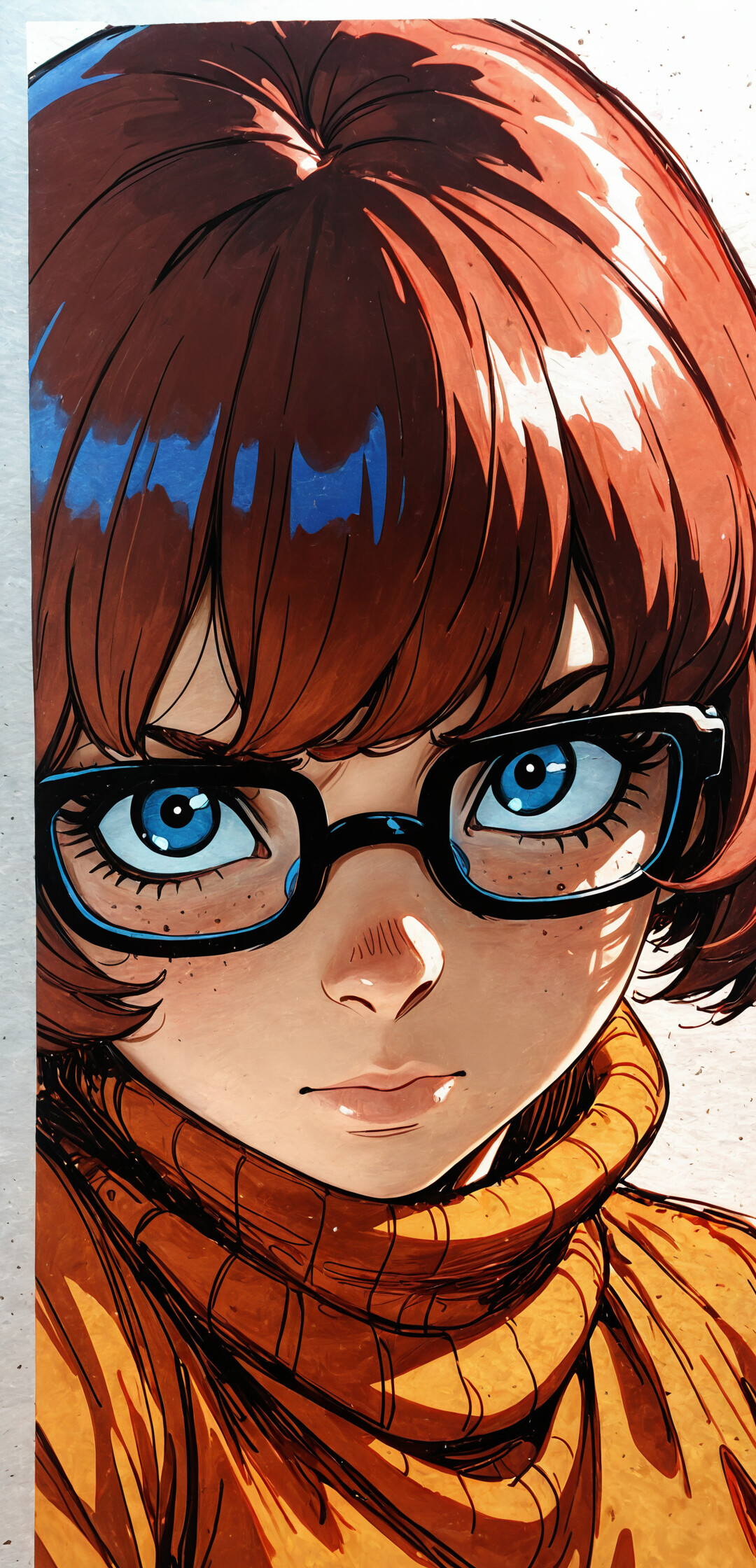 A close-up, anime-style illustration of Velma from Scooby-Doo. She has a brown bob haircut, large black glasses, and is wearing an orange turtleneck sweater, looking slightly over her shoulder.