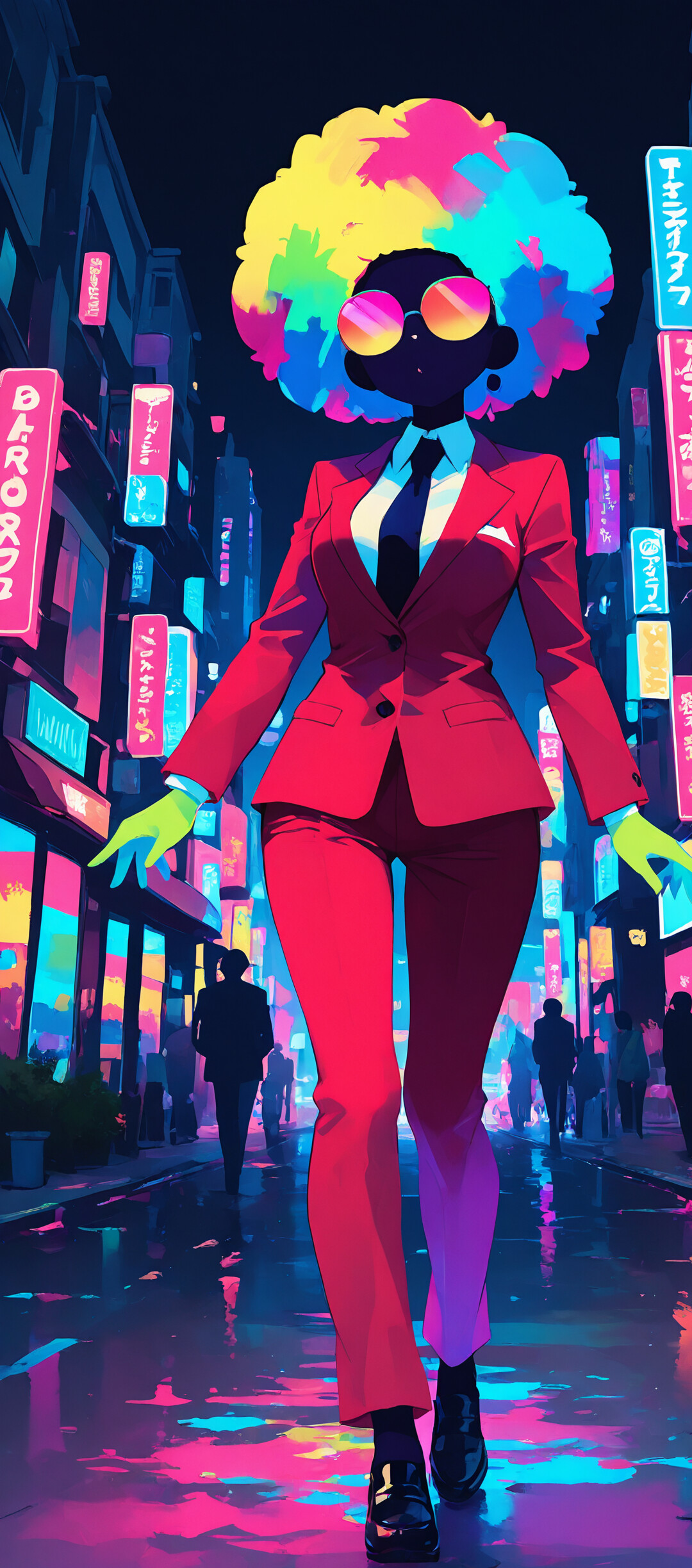 An anime-style woman with a giant, multicolored afro and wide blue eyes, wearing a red suit and tie, set against a colorful, paint-splattered background of yellow, pink, and cyan.