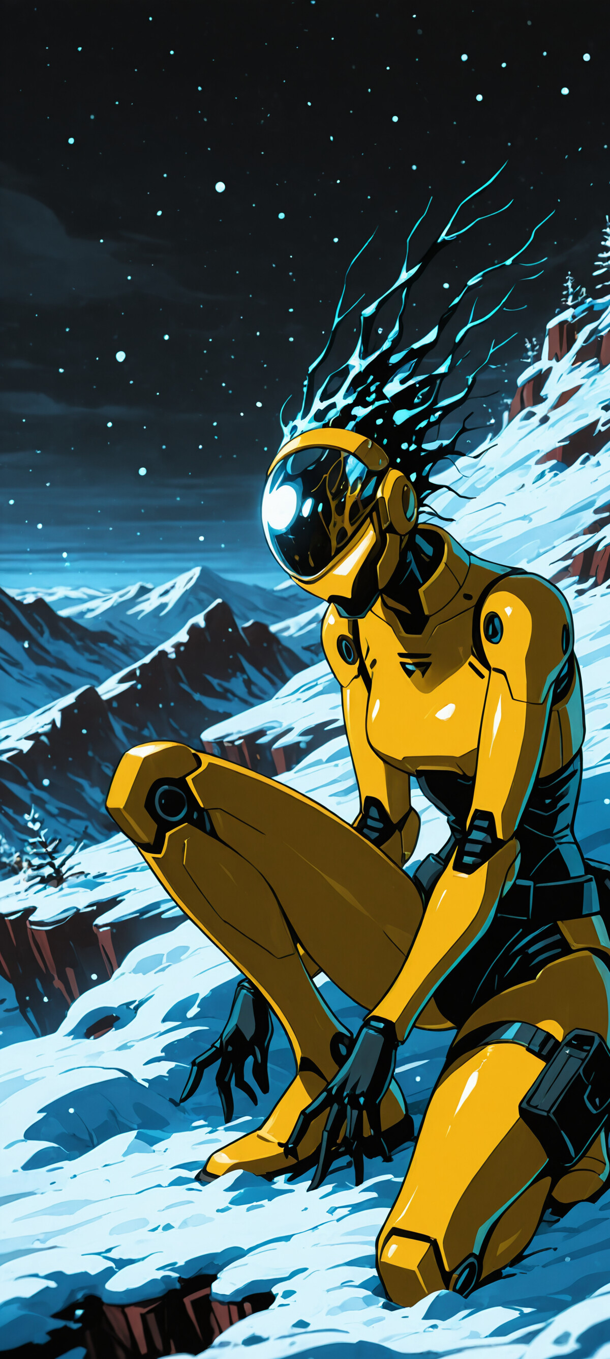 A female android in yellow armor and a black cape crouches on a snowy mountain at night, looking out over a frozen, futuristic landscape.