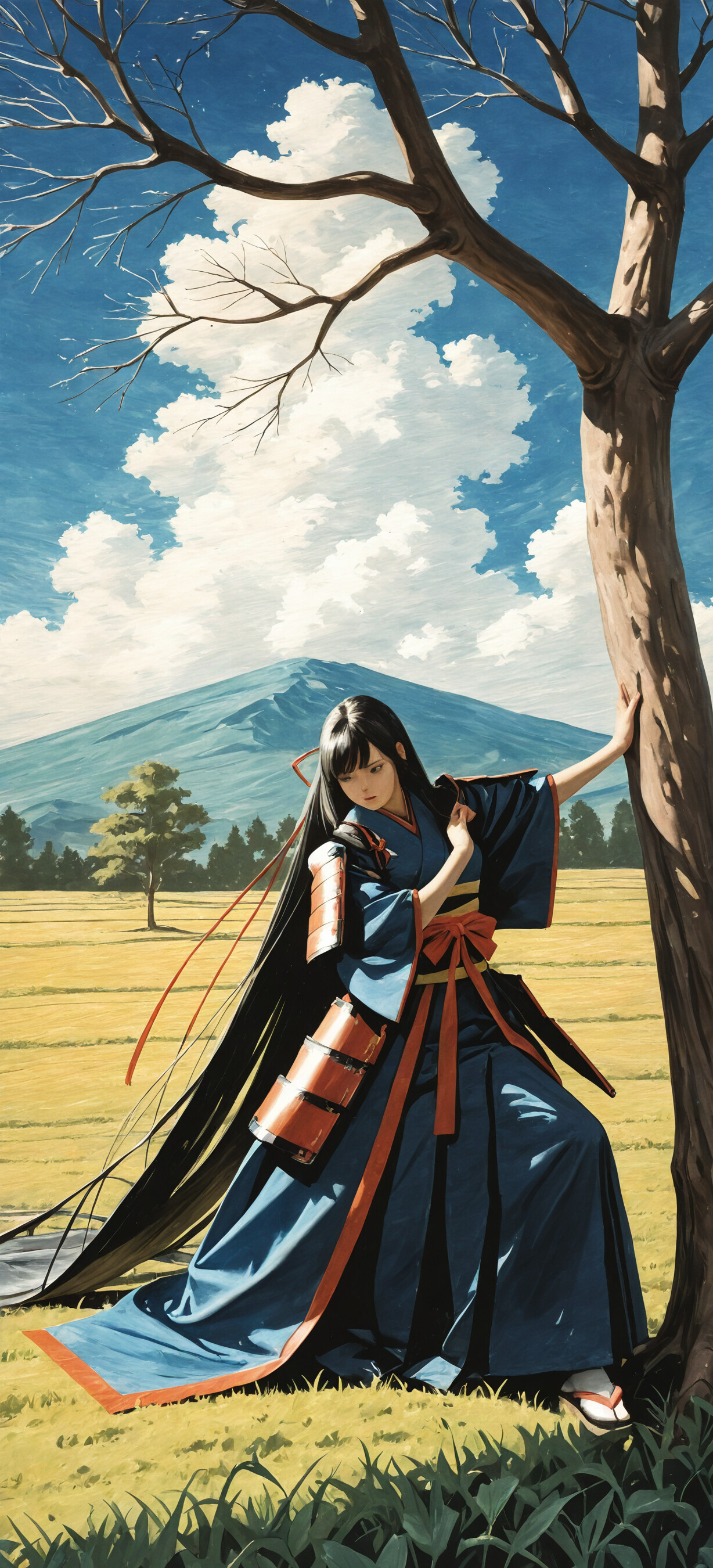 An illustration of a female Japanese warrior in a fighting stance by a large tree. She wears blue and red armor, and her exceptionally long black hair, tied with orange ribbons, flows behind her. The background shows a golden field and mountains.