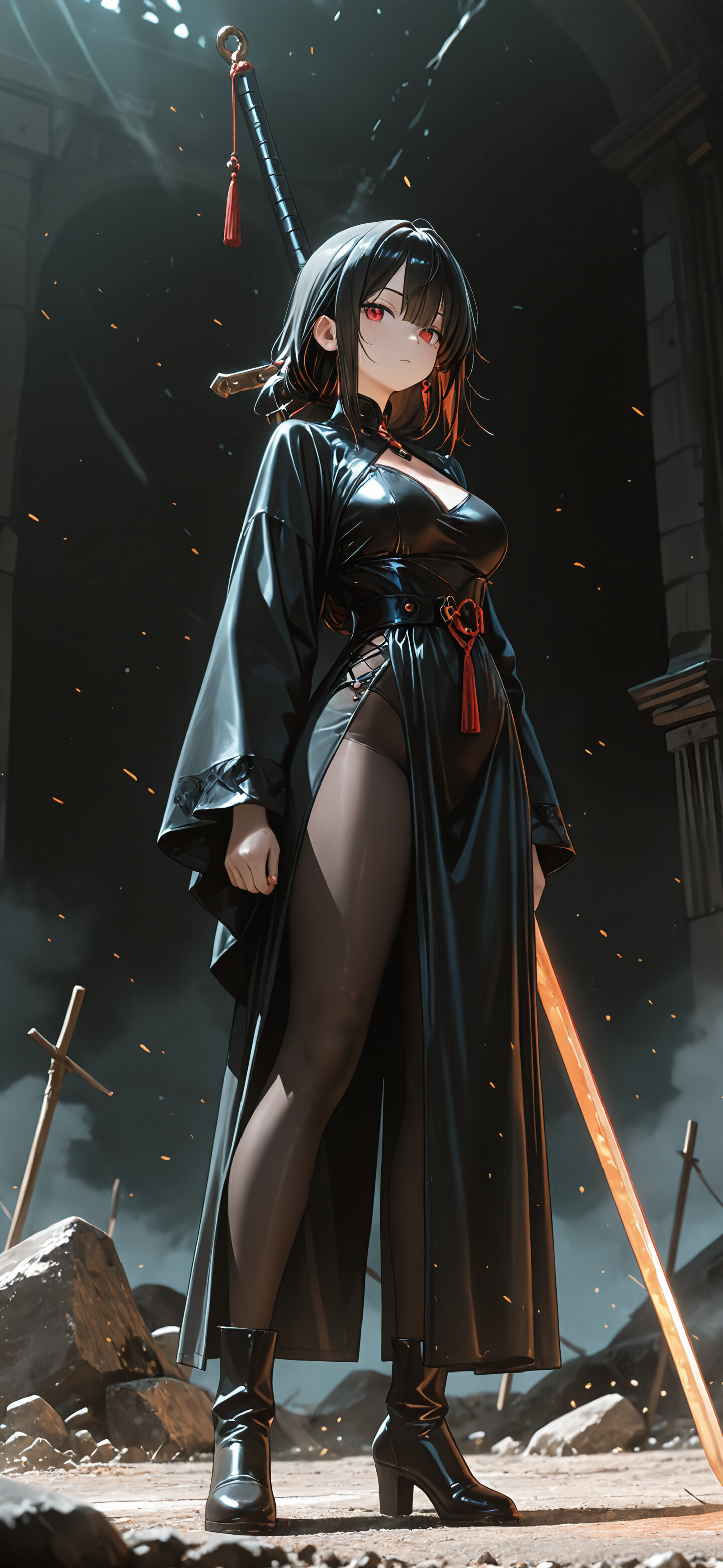 A full-body illustration of an anime girl with short white hair and red eyes, wearing a stylish black combat dress and holding two swords in a gothic architectural setting.