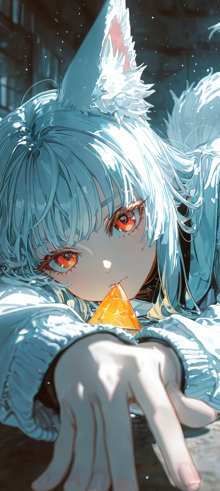 A close-up digital painting of a stylized white and grey fox with glowing orange eyes and an intense expression. Orange light glows from inside its ears and mouth against a blurry blue background.