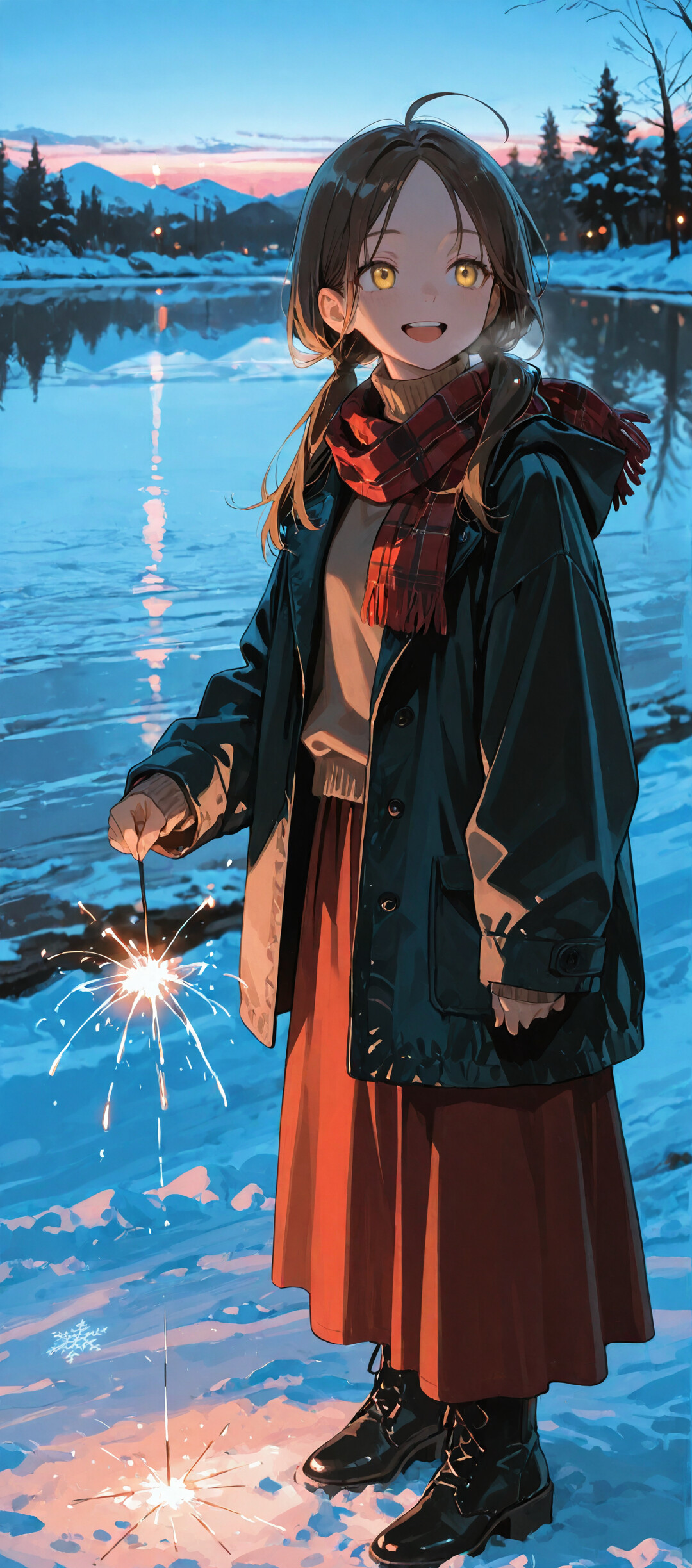 An anime-style illustration of a smiling girl with brown hair and yellow eyes, wearing a winter coat and scarf, holding two lit sparklers in a snowy landscape by a lake at dusk.