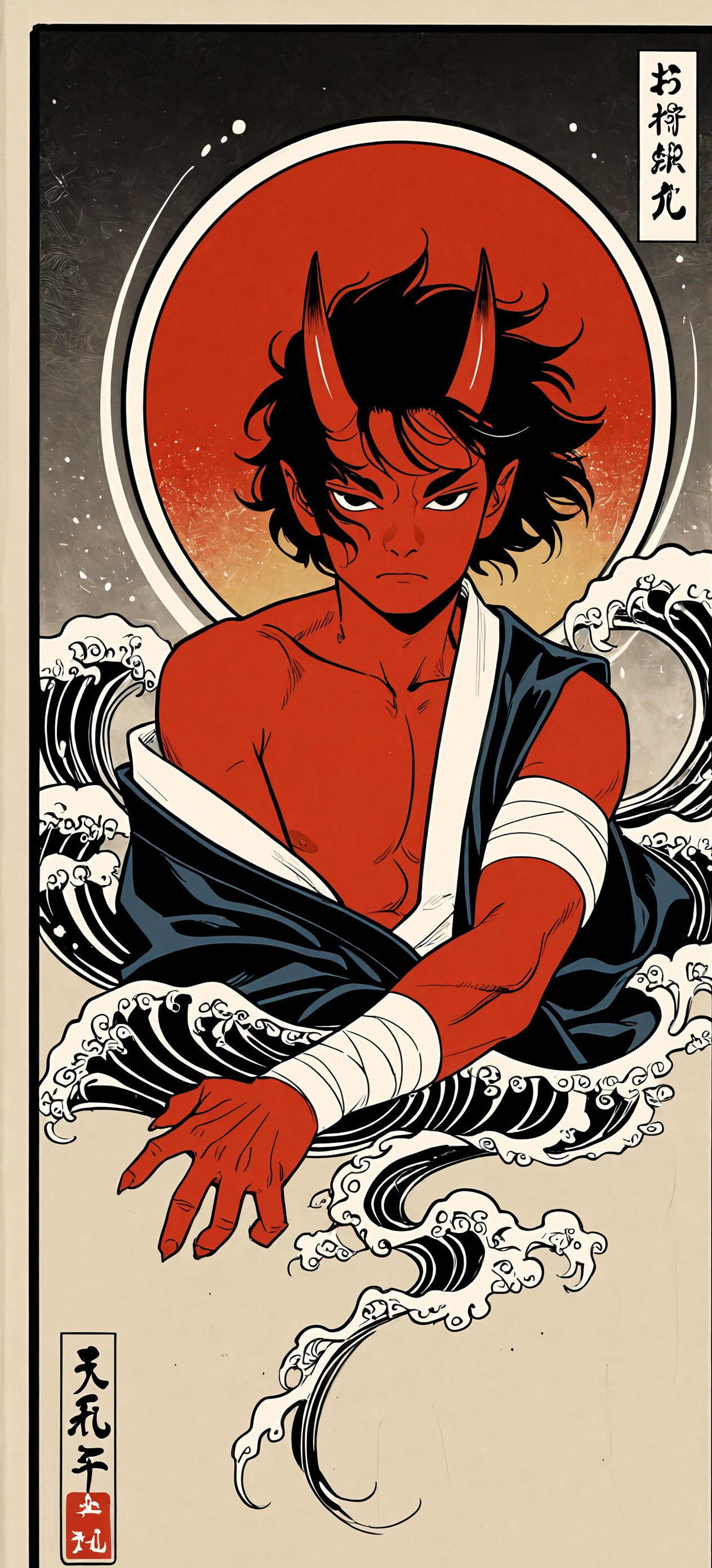 An anime-style illustration of a young demon boy with red skin and horns, wearing a dark kimono and bandages, set against a red sun and stylized Japanese waves in the ukiyo-e fashion.