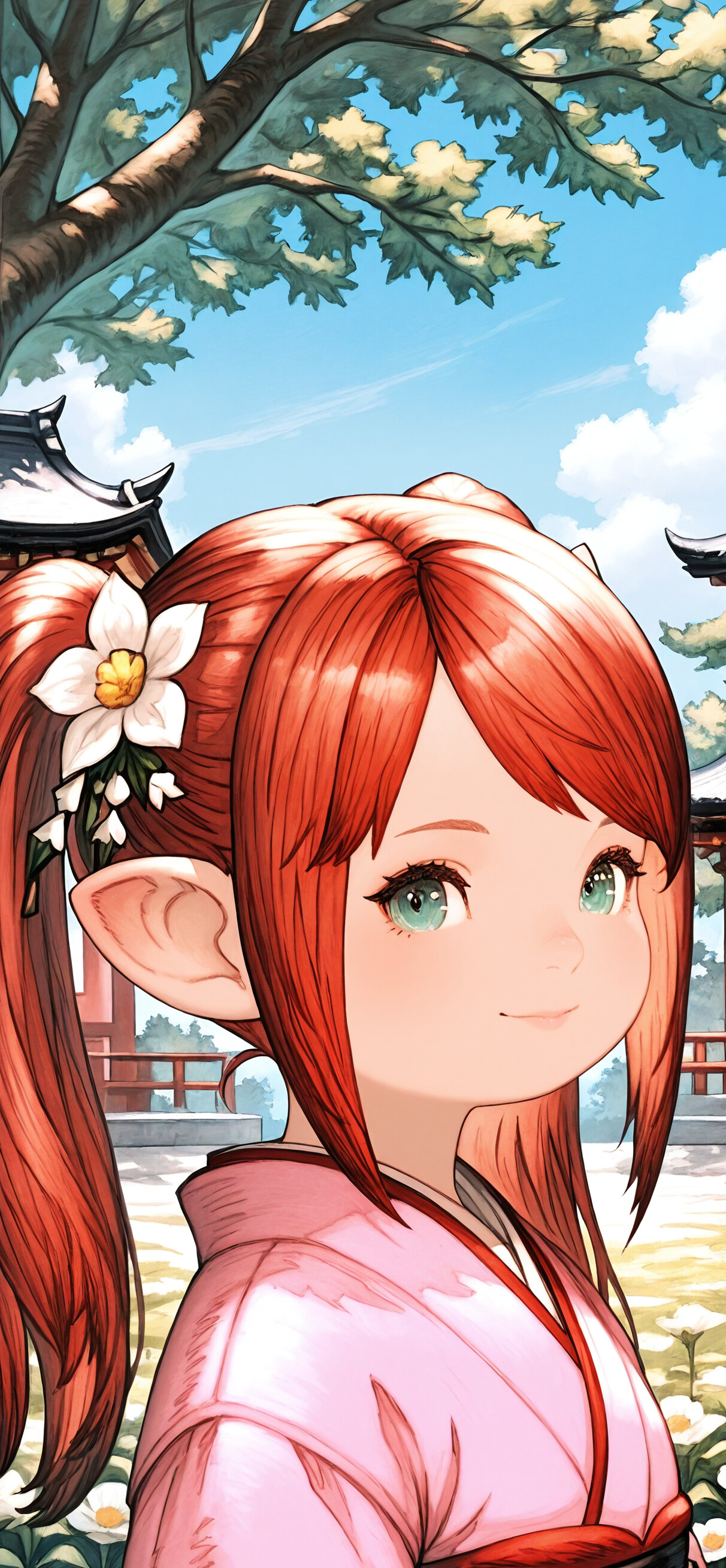 A close-up portrait of a cute anime-style girl with red hair in pigtails, pointy ears, and a pink kimono. She has white flowers in her hair and is smiling in front of a traditional Japanese building.