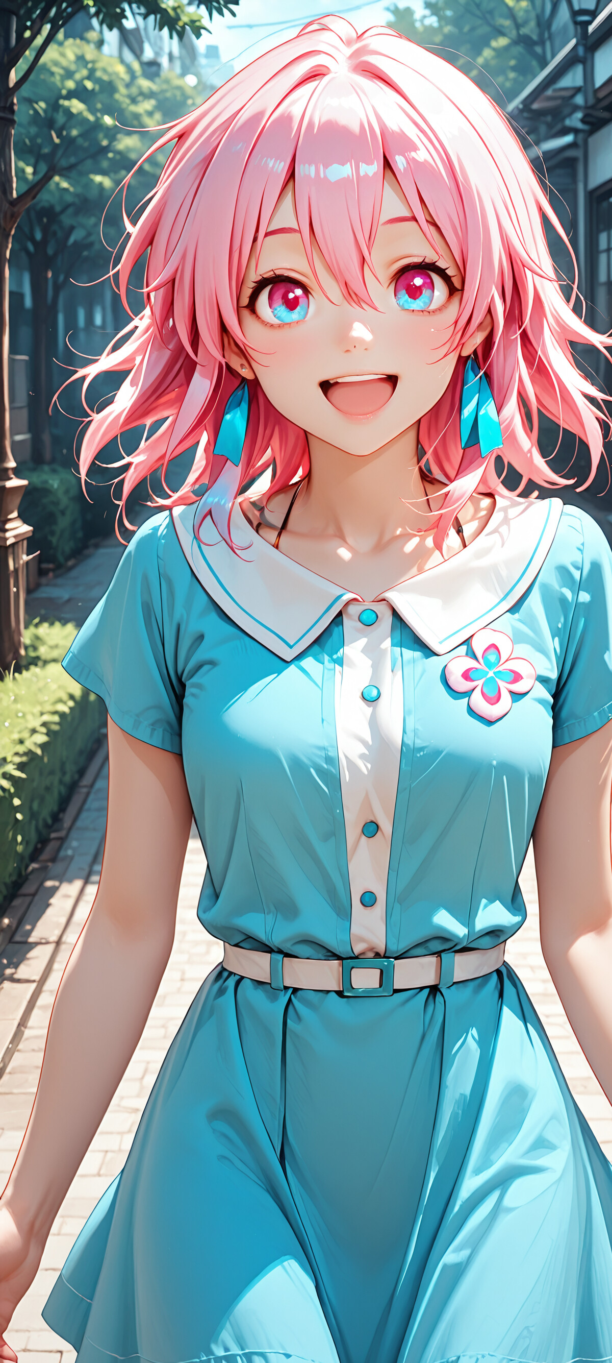 A close-up portrait of a happy anime girl with short pink hair and big blue eyes smiling warmly. She is wearing a light blue top and stands in a sunlit doorway.