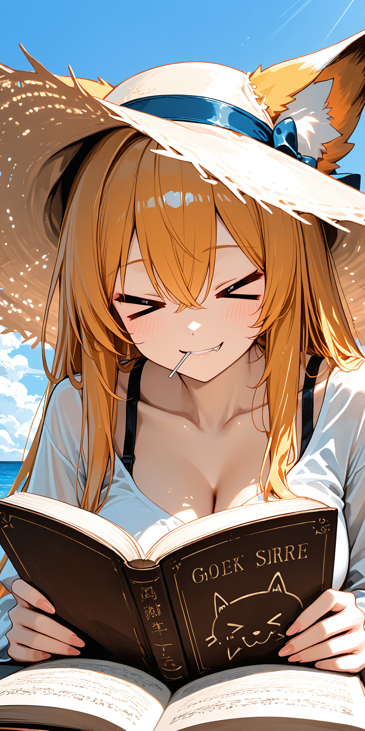 An anime fox girl with black hair and a straw sunhat smiles with her eyes closed, playfully biting the top of an open book she is holding.