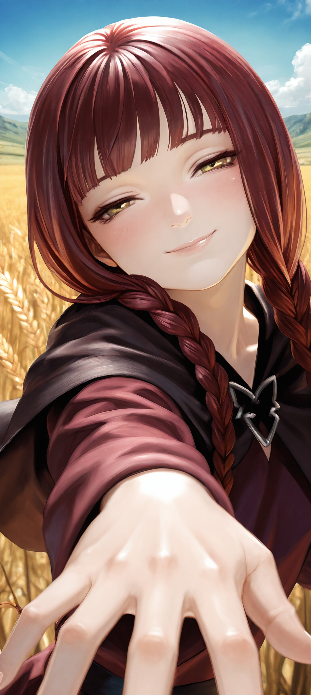 A digital illustration of a young woman with red hair in twin braids and a red cape, smiling gently as she reaches her hand out to the viewer in a golden wheat field.