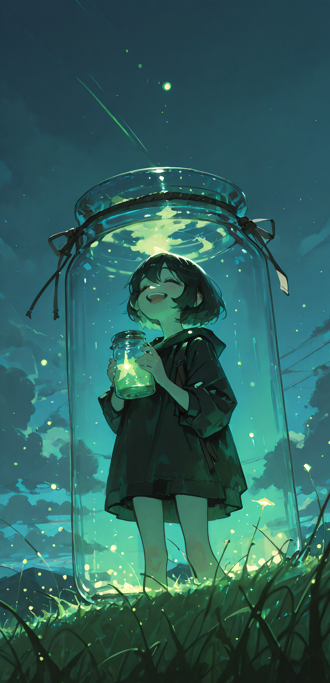 An anime girl with short dark hair smiles joyfully inside a large glass jar at night, holding a glowing plant and surrounded by the green light of fireflies in a field of tall grass.