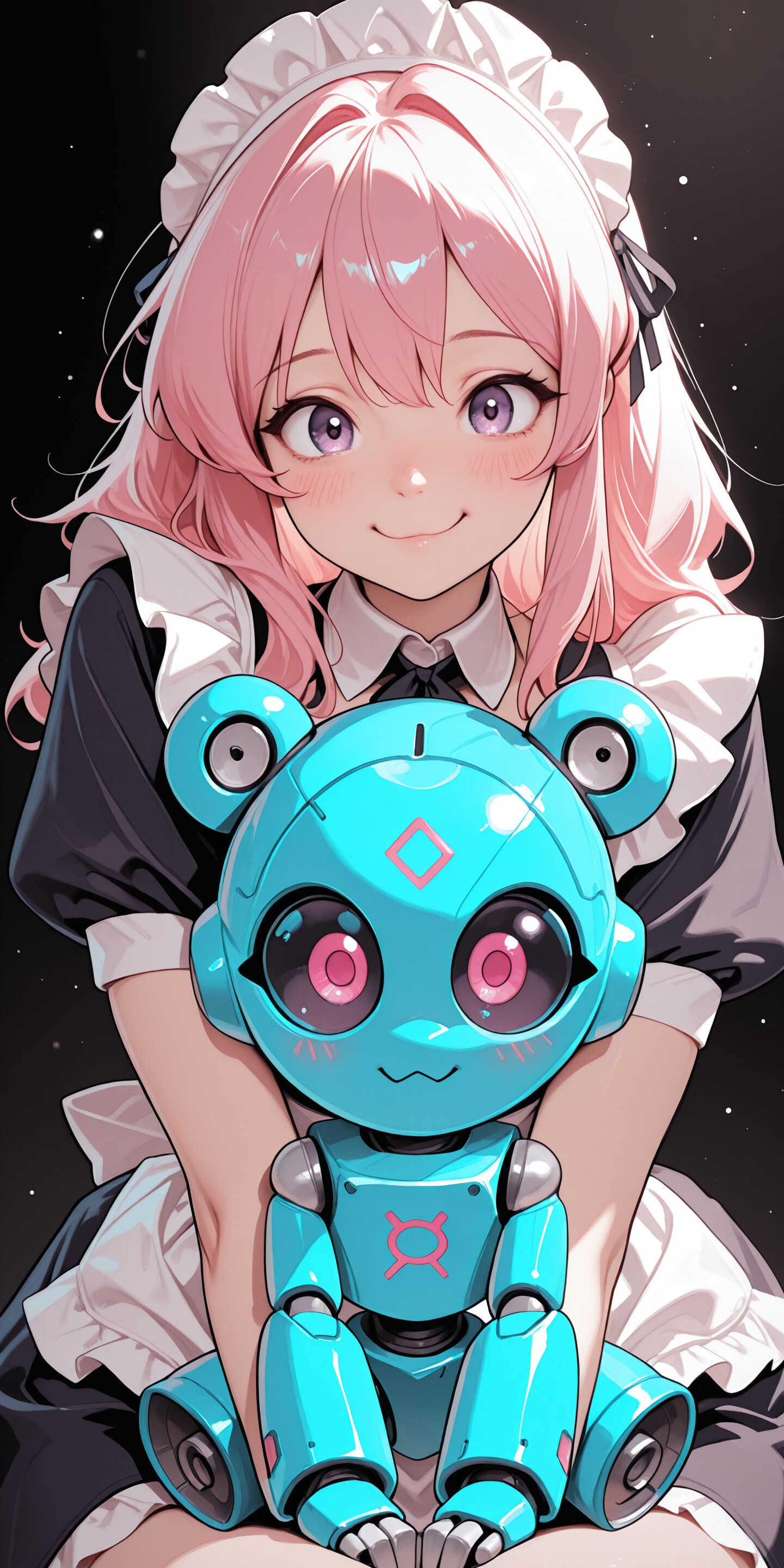 A close-up of a smiling anime maid with long pink hair and purple eyes, affectionately hugging a small, cute blue robot against a dark, sparkling background.