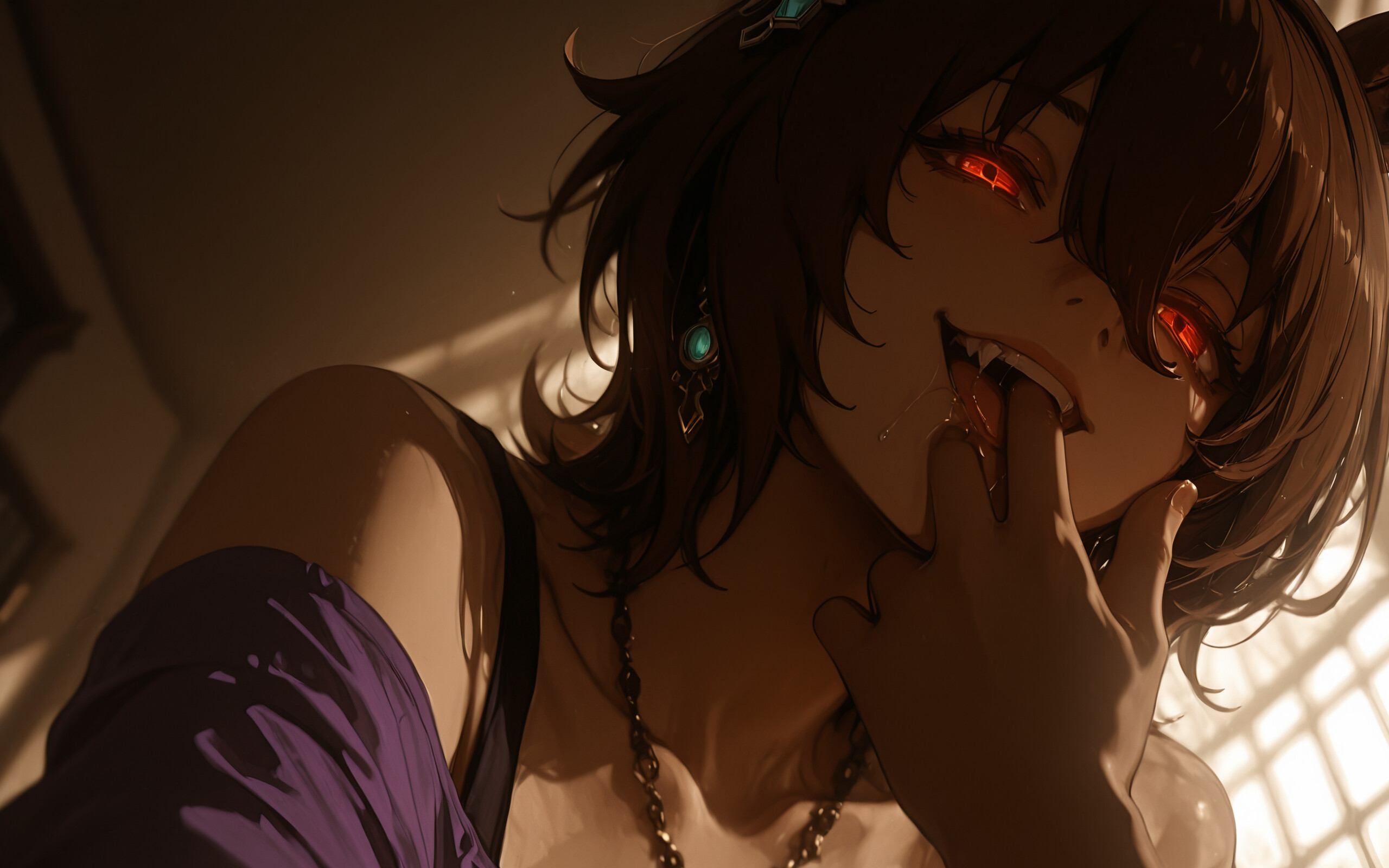 An anime-style illustration of Agnes Tachyon from Uma Musume with brown hair, horse ears, and glowing red eyes. She has a menacing grin with fangs and is licking her fingers while looking intensely at the viewer.