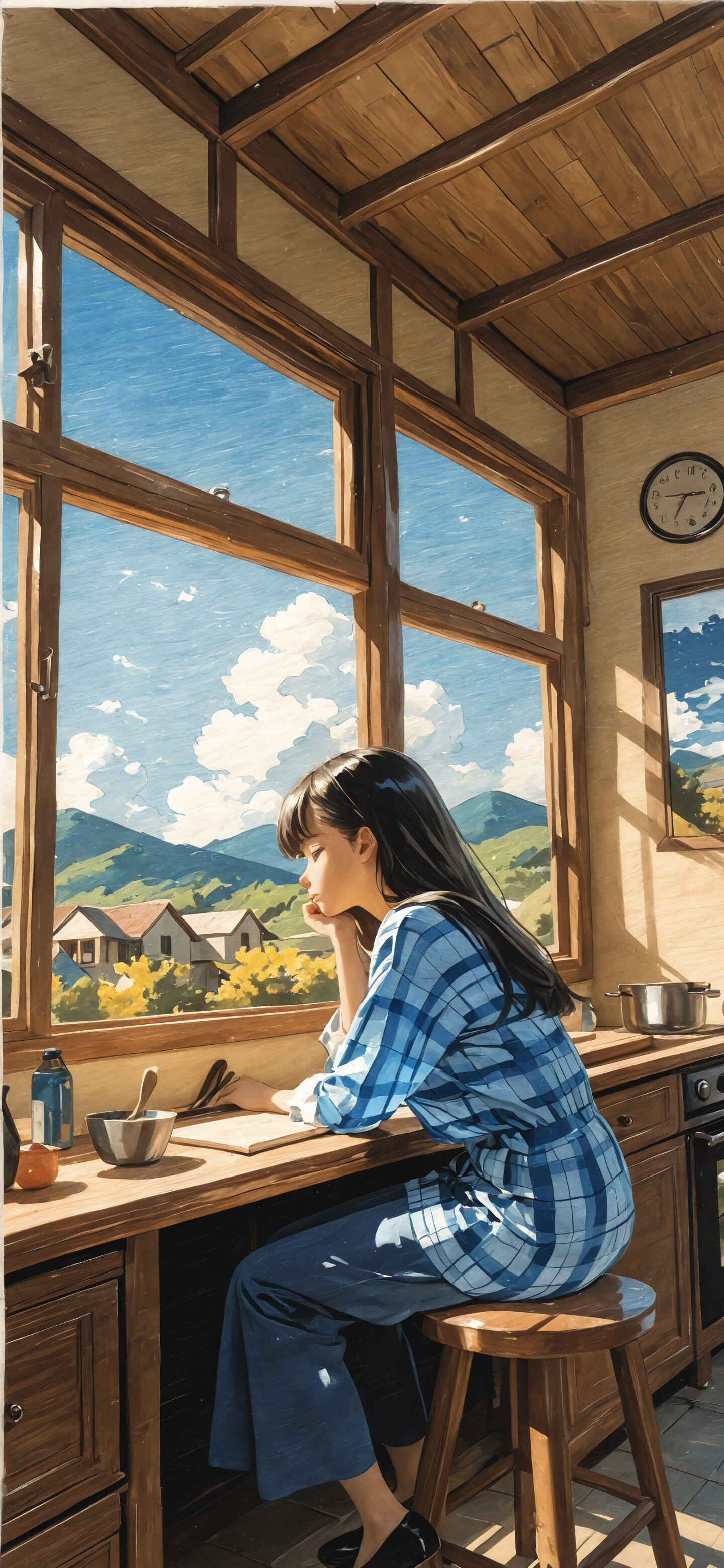 An anime-style illustration of a young woman with short dark hair sitting at a wooden kitchen table. She is wearing a blue plaid shirt and is looking down thoughtfully as sunlight streams in from a window next to her.