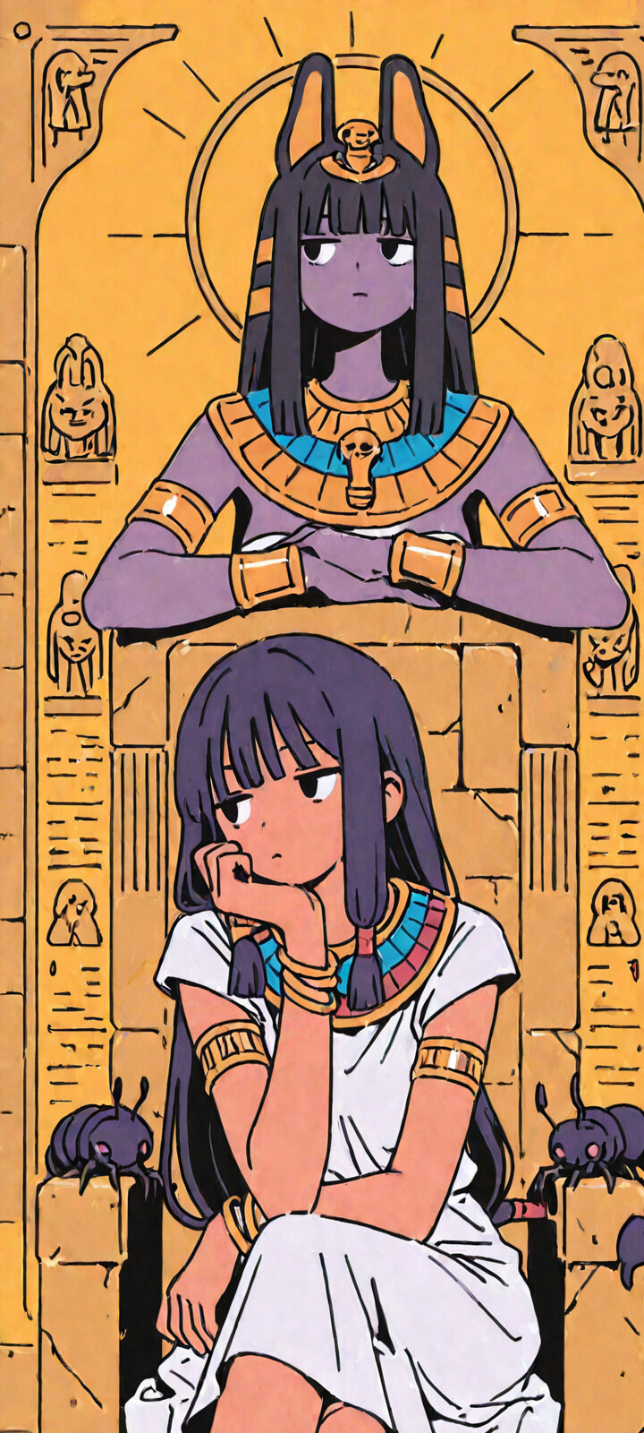 An anime-style illustration of a girl with dark purple hair dressed as an Egyptian queen, sitting on a golden throne and looking off to the side with a pensive expression.