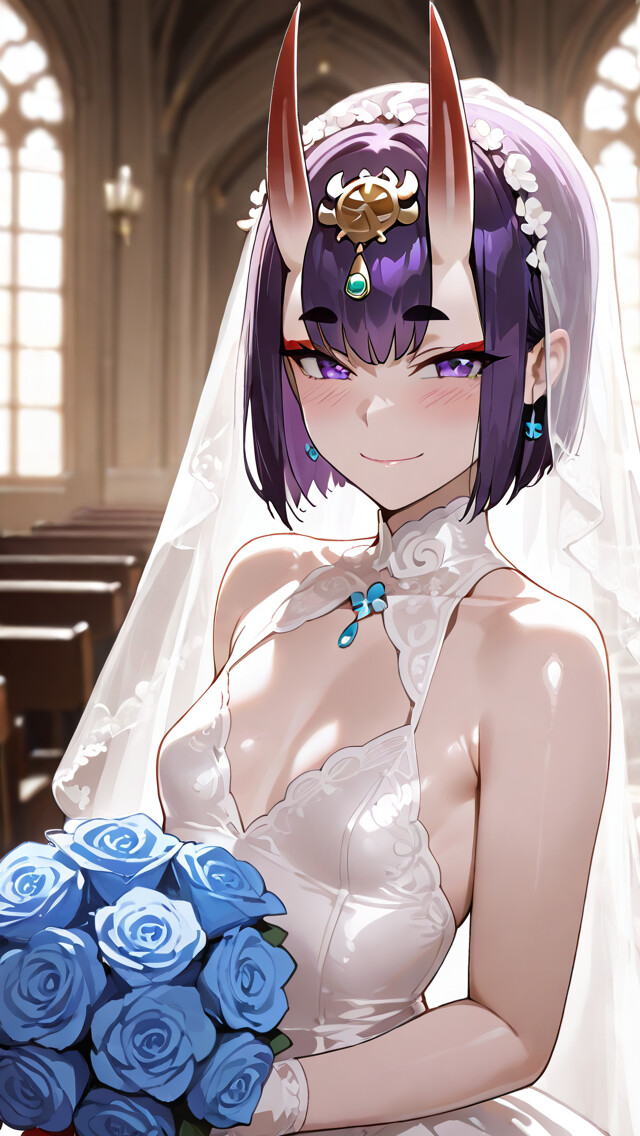 Shuten Douji from Fate/Grand Order as a bride, smiling in a white wedding dress and veil inside a church, holding a bouquet of blue roses.