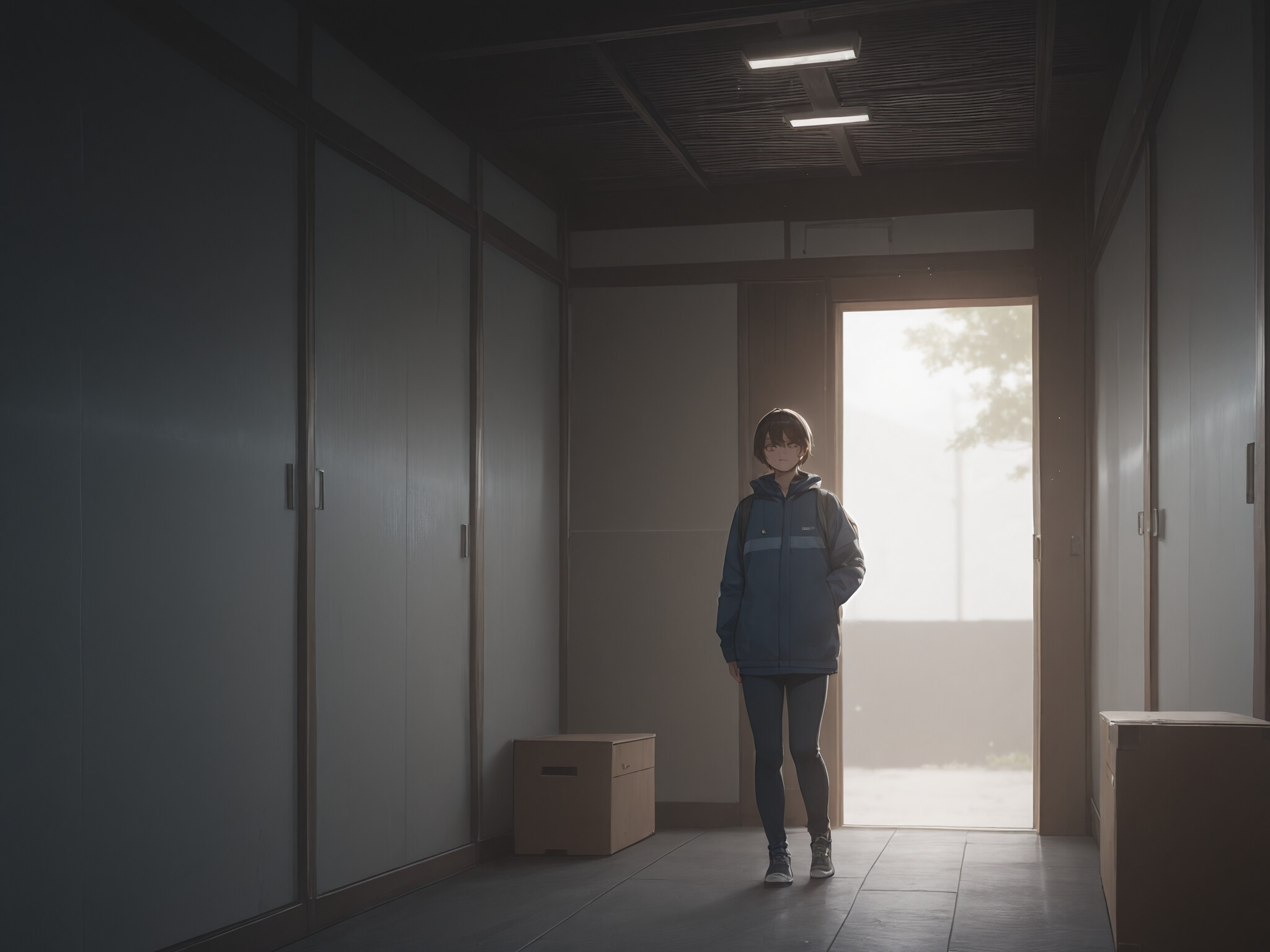 A young anime-style woman with long blonde hair in a long white dress stands in front of a dark green door. She is holding something in her hands and is flanked by two large potted plants under a sunny sky.