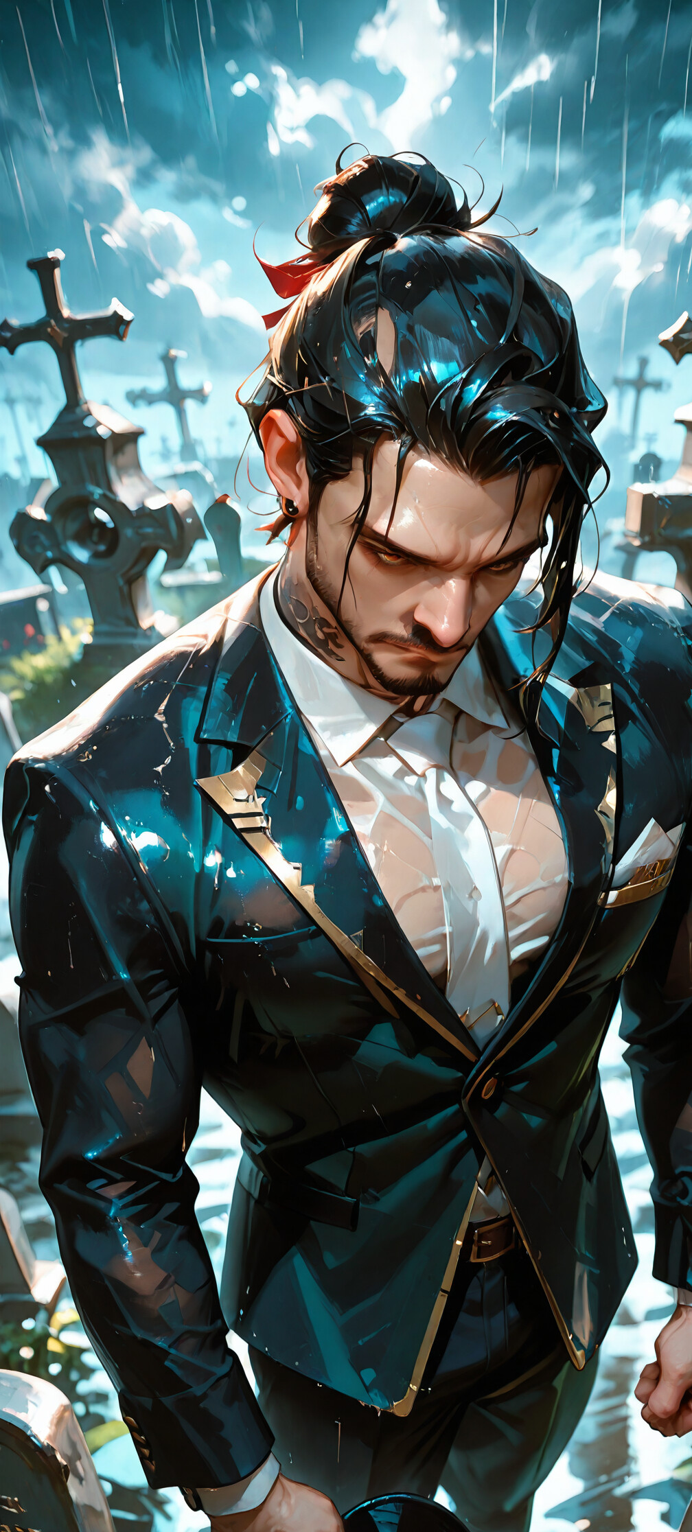 A digital illustration of a handsome man with black hair in a bun and intense, glowing yellow eyes, standing in a rainy graveyard. He is wearing a wet, dark suit with gold trim, has a neck tattoo, and holds a fedora hat to his chest with a solemn expression.