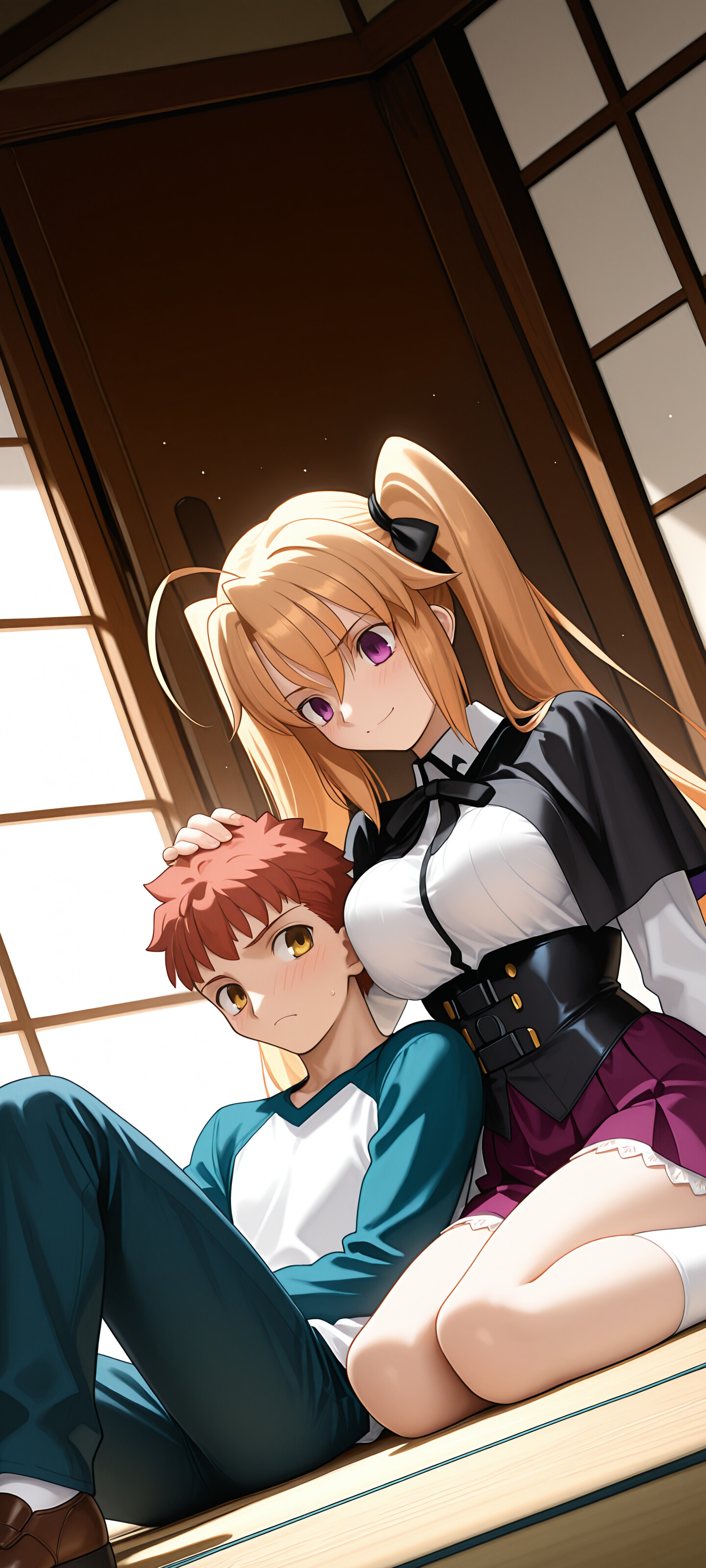 An anime illustration of a crossover between Fate/stay night and High School DxD. Irina Shidou, a blonde girl with twintails, is kneeling on a bed and leaning over Shirou Emiya, a red-haired boy, while patting his head. He is lying down and looking up at her with a blush.