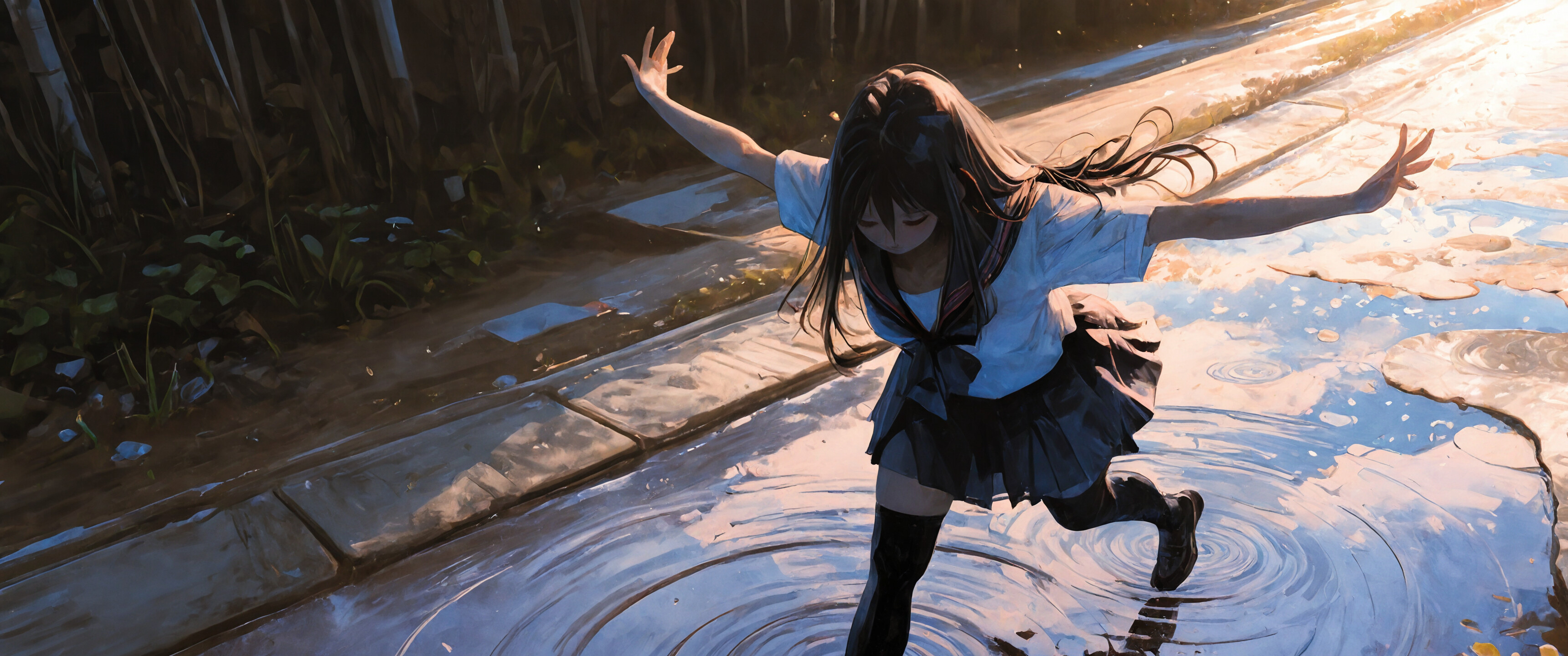 An anime girl in a school uniform with arms outstretched, standing in water with ripples around her, bathed in the warm glow of a sunset.