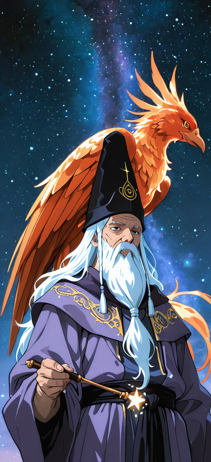 An anime-style portrait of Albus Dumbledore, a wizard with a long white beard and purple robes, holding a star-tipped wand, with a large orange phoenix behind him against a starry night sky.